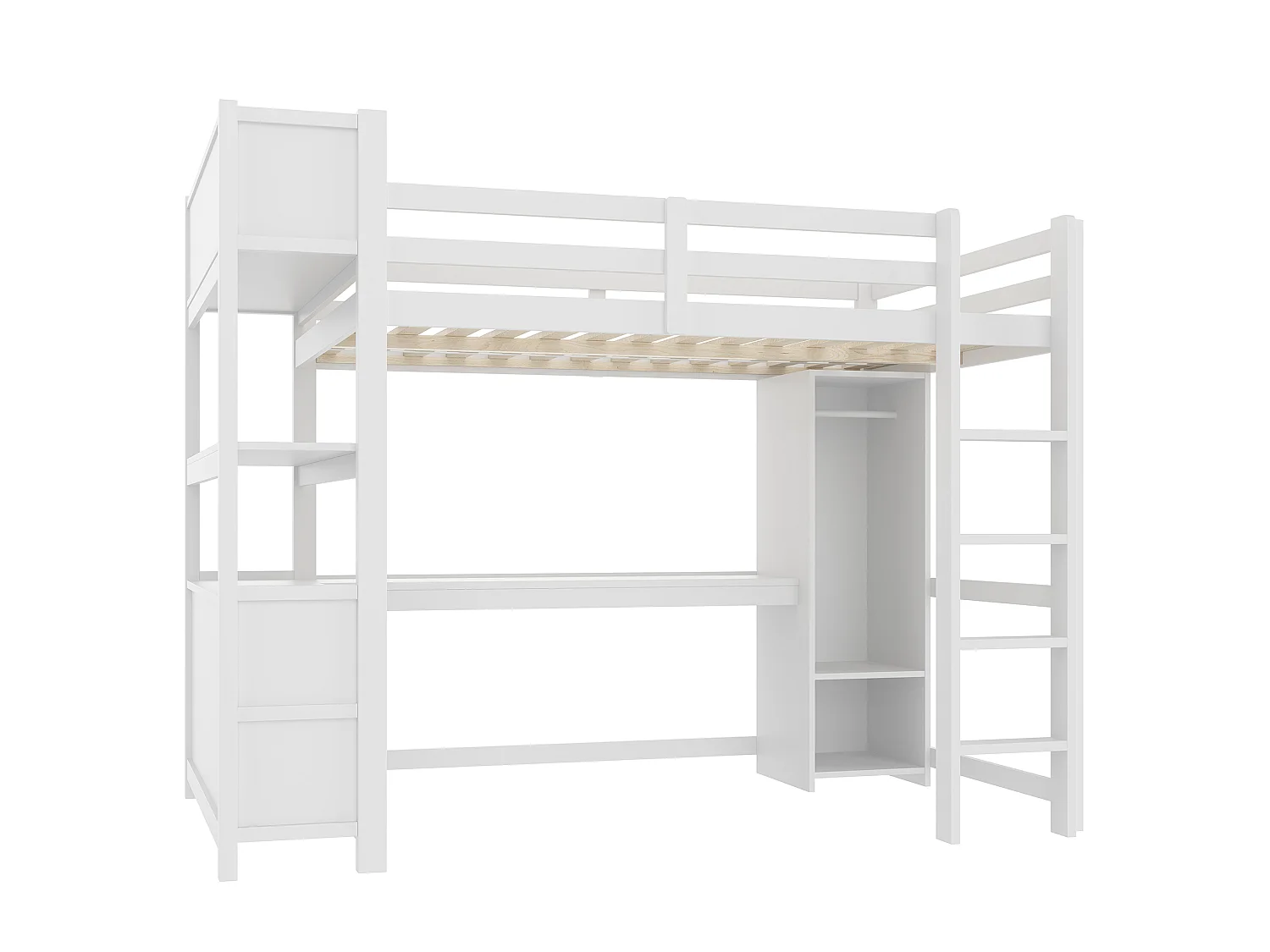 Lit mezzanine 140x200 cm avec bureau, étagères et armoire - Blanc