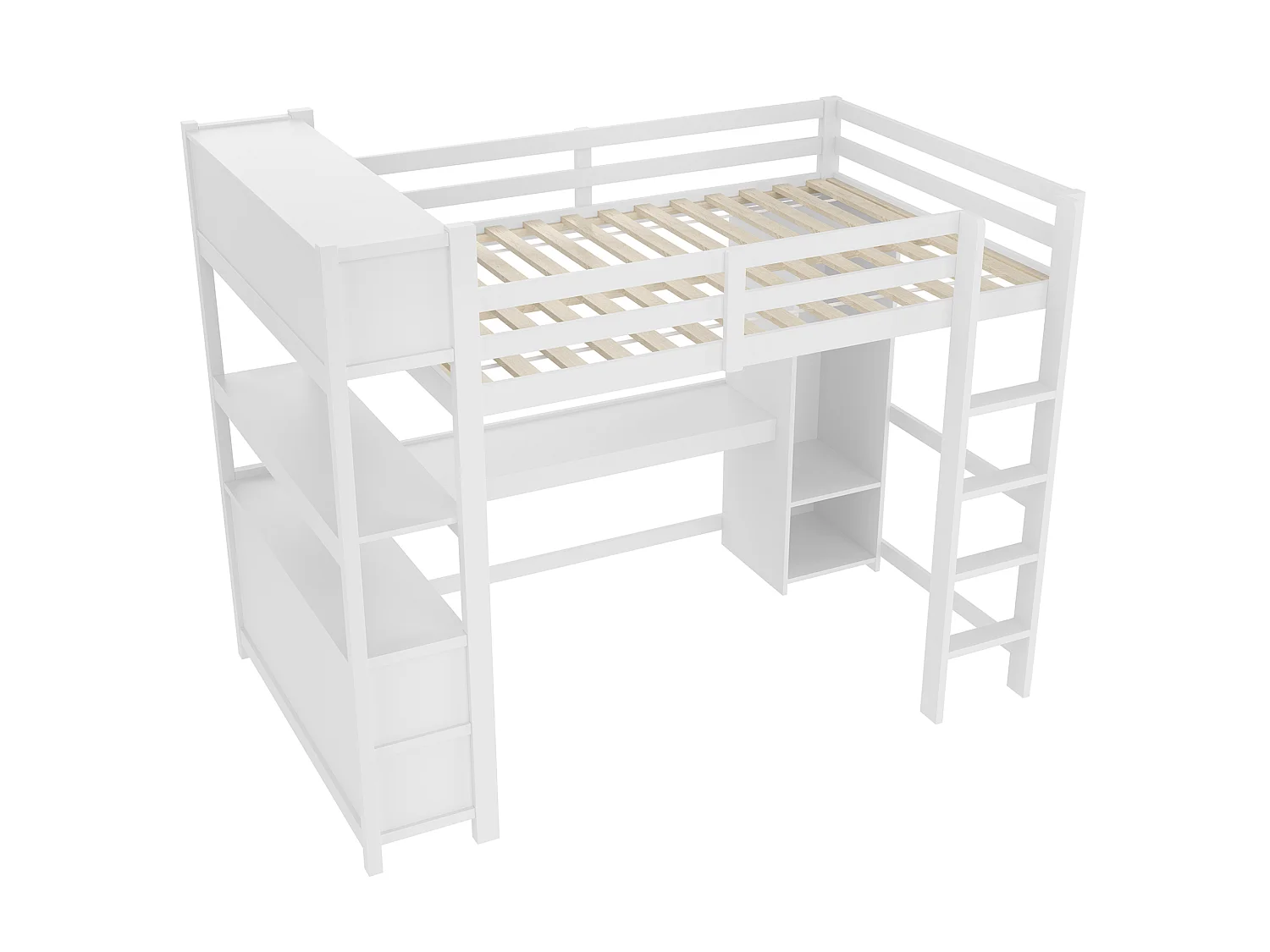 Lit mezzanine 140x200 cm avec bureau, étagères et armoire - Blanc