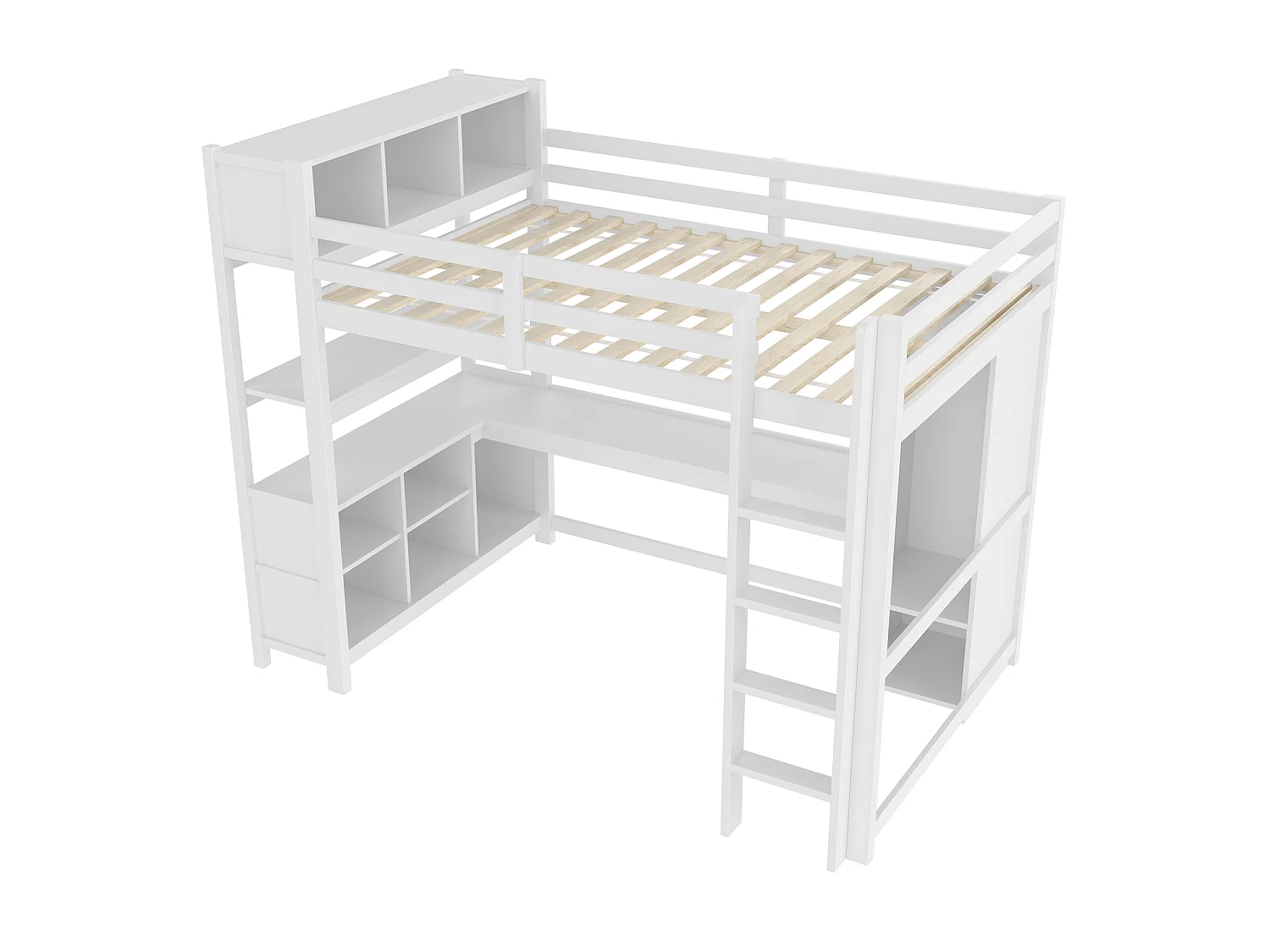 Lit mezzanine 140x200 cm avec bureau, étagères et armoire - Blanc