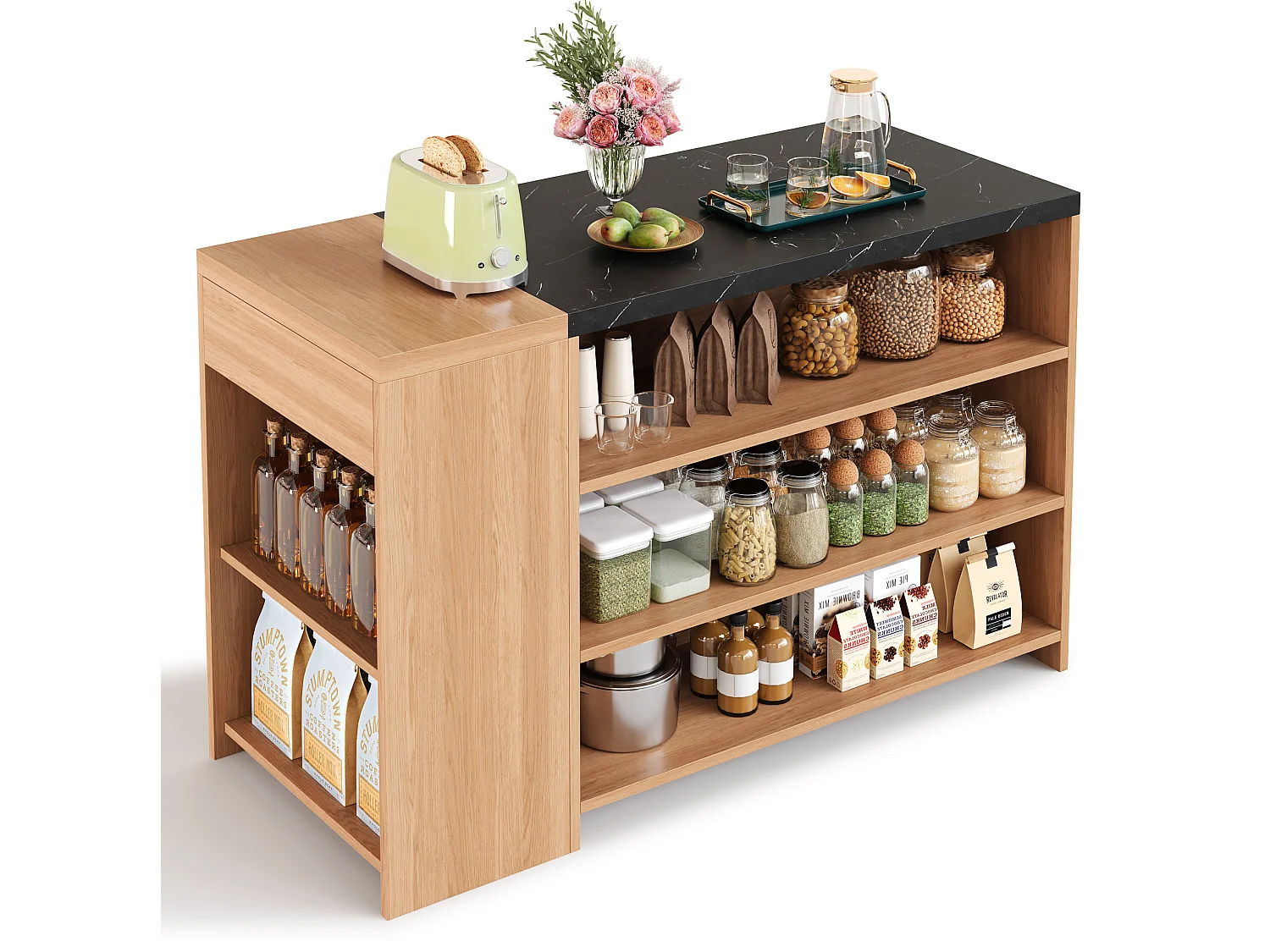 Îlot de cuisine avec 5 niveaux de rangement et tiroir - Aspect marbre effet noir