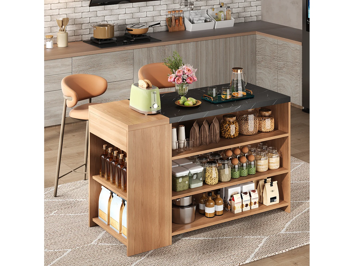 Îlot de cuisine avec 5 niveaux de rangement et tiroir - Aspect marbre effet noir