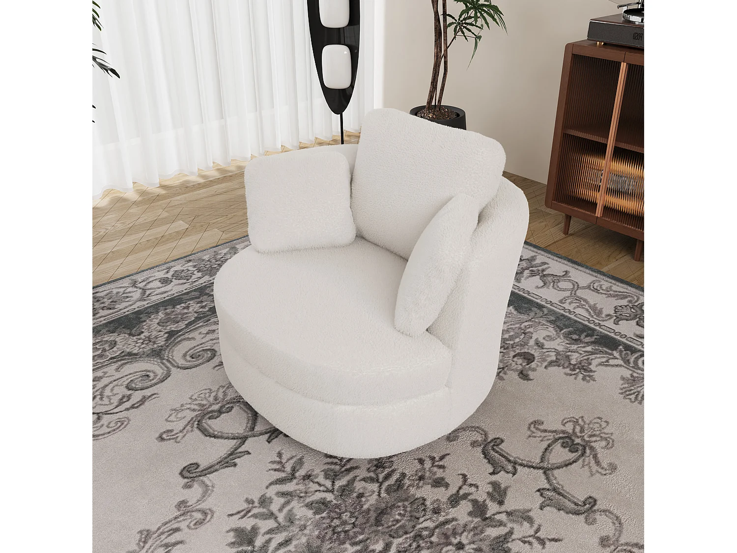 Fauteuil pivotant 360° en tissu ivoire avec 3 coussins