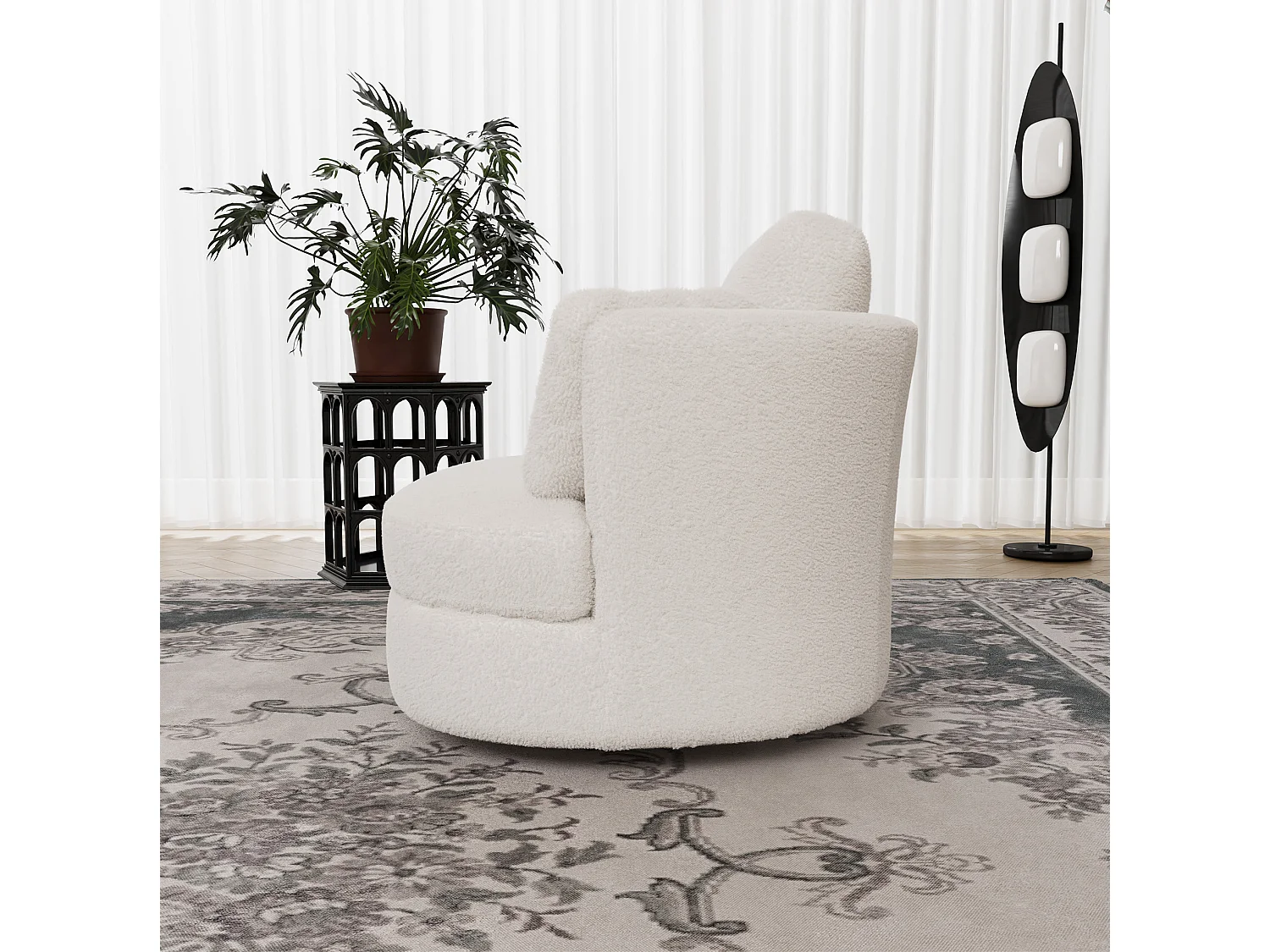 Fauteuil pivotant 360° en tissu ivoire avec 3 coussins