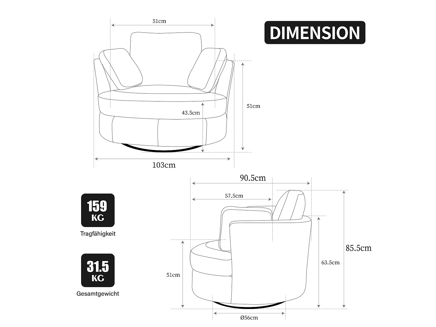 Fauteuil pivotant 360° en tissu ivoire avec 3 coussins