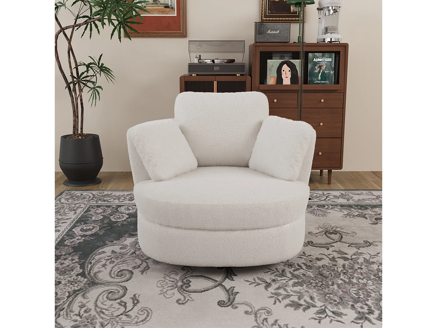 Fauteuil pivotant 360° en tissu ivoire avec 3 coussins