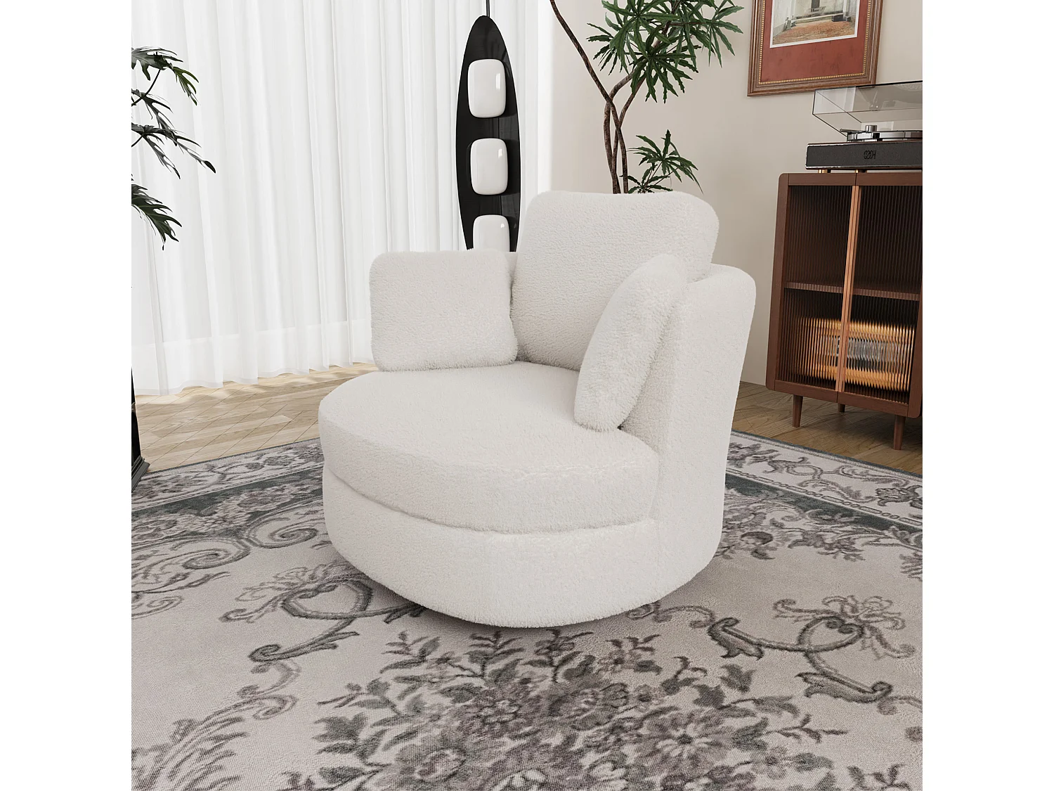 Fauteuil pivotant 360° en tissu ivoire avec 3 coussins