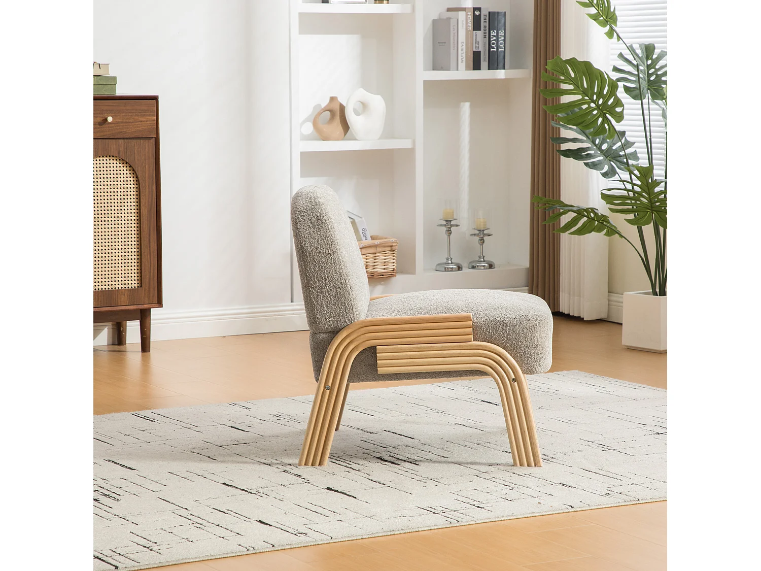 Poltrona in tessuto ciniglia con struttura in legno - Grigio