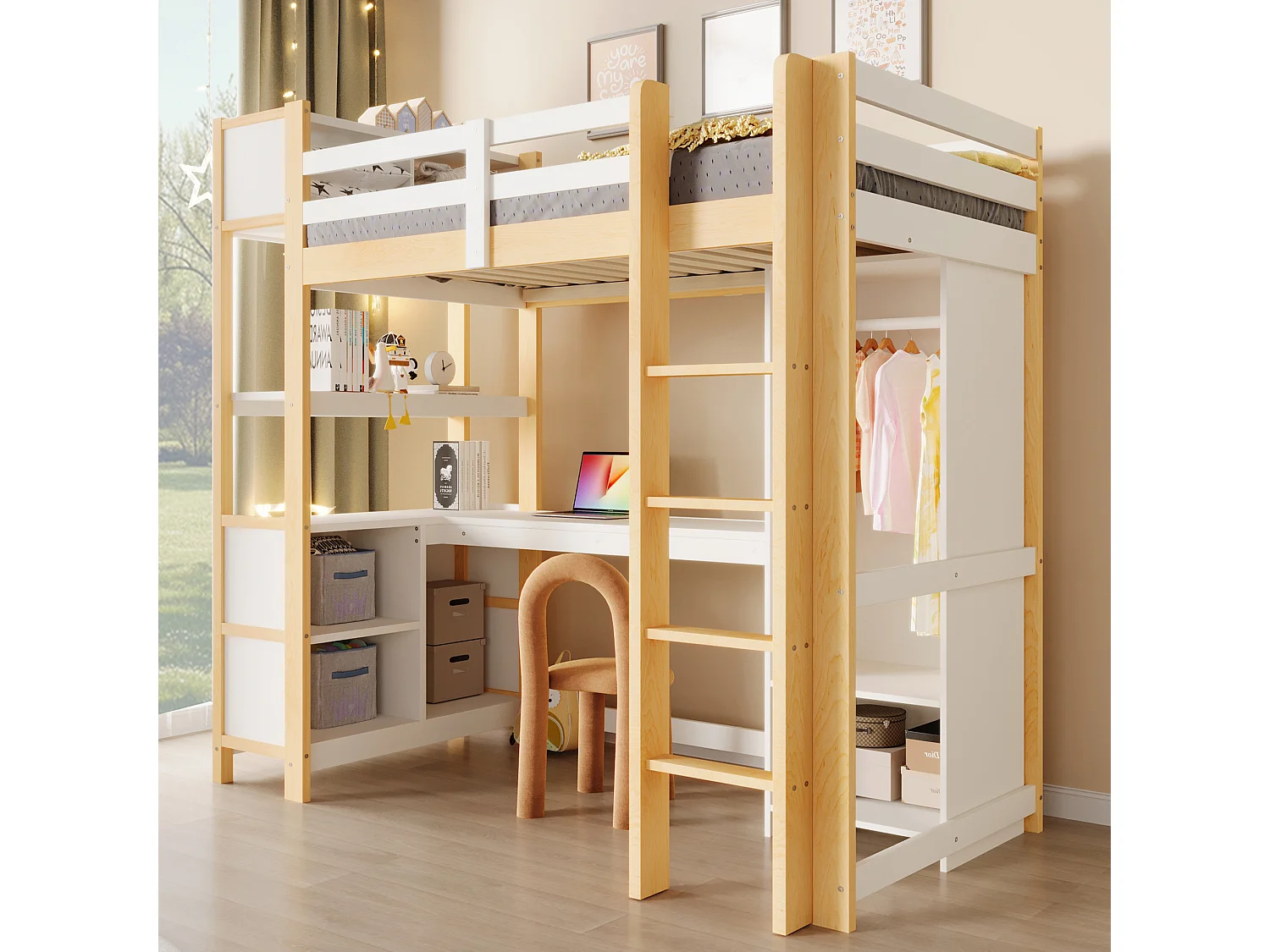 Lit mezzanine enfant 90x200 cm avec bureau, étagères et armoire - Blanc et naturel