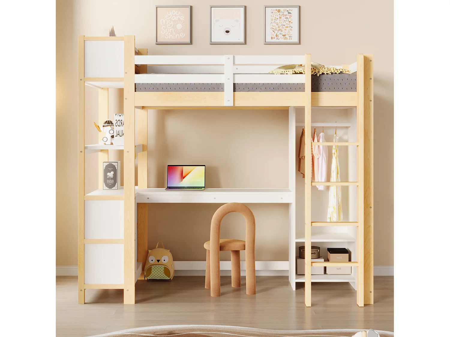Lit mezzanine enfant 90x200 cm avec bureau, étagères et armoire - Blanc et naturel