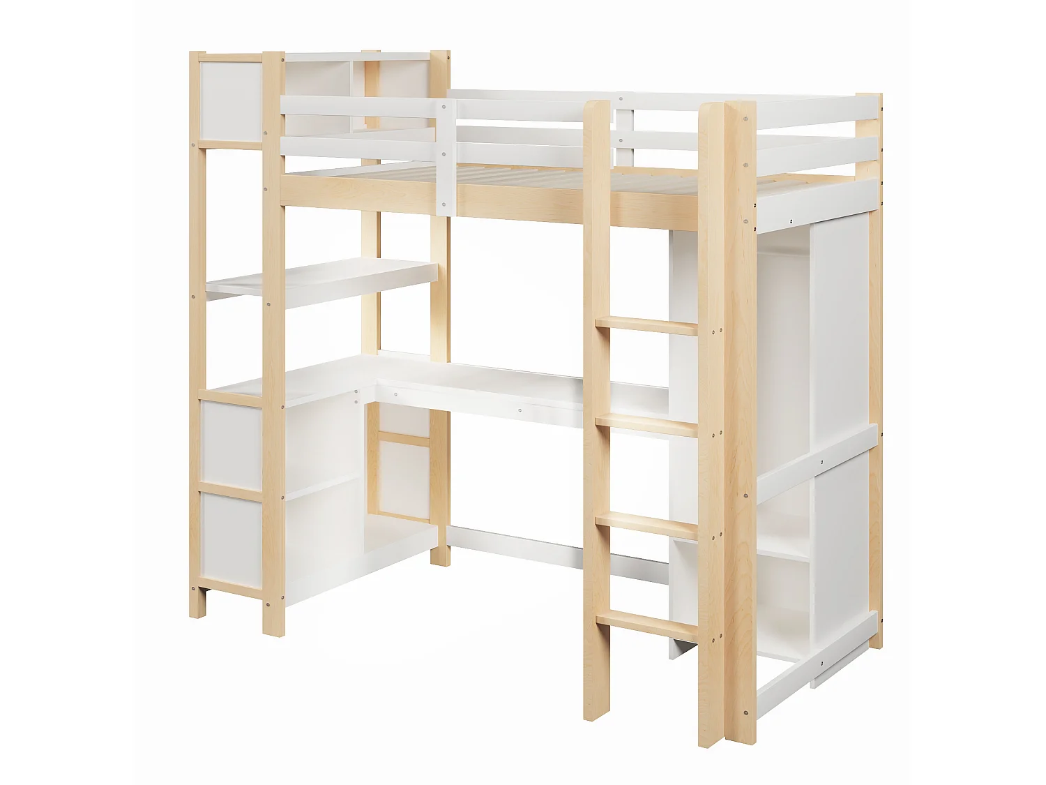 Lit mezzanine enfant 90x200 cm avec bureau, étagères et armoire - Blanc et naturel