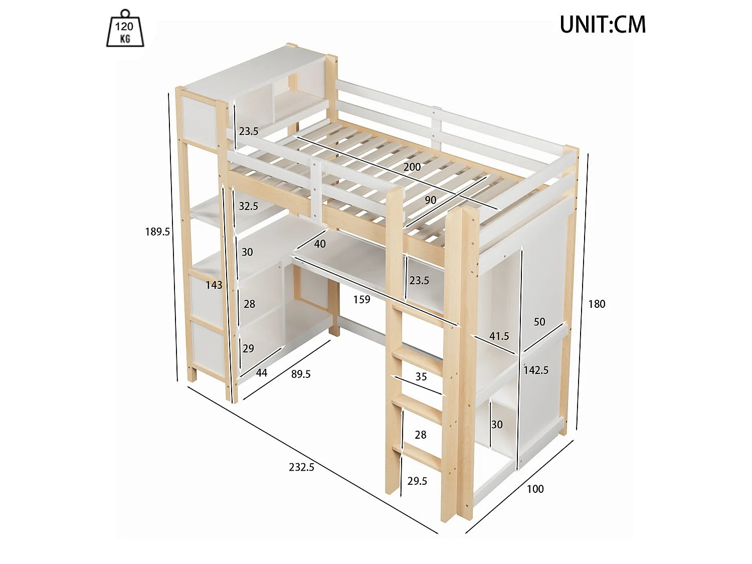 Lit mezzanine enfant 90x200 cm avec bureau, étagères et armoire - Blanc et naturel