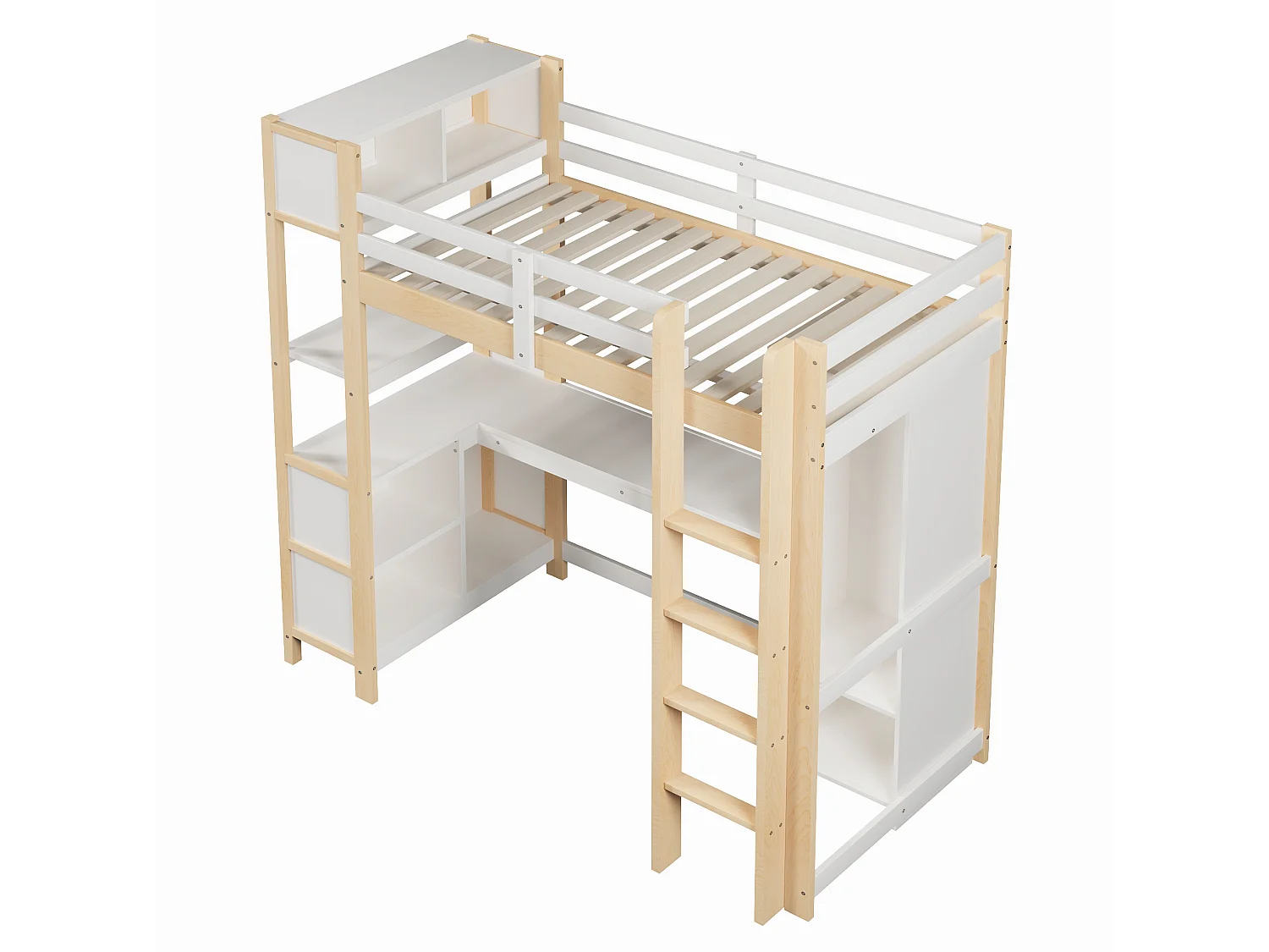 Lit mezzanine enfant 90x200 cm avec bureau, étagères et armoire - Blanc et naturel