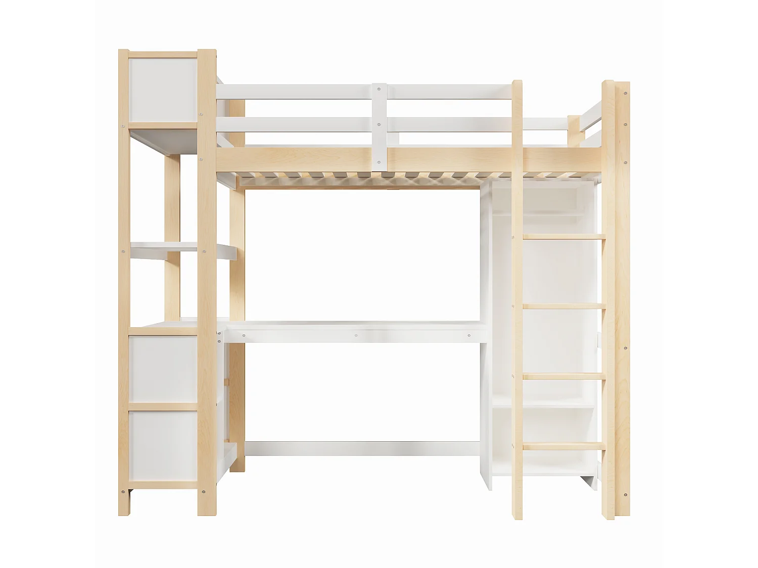 Lit mezzanine enfant 90x200 cm avec bureau, étagères et armoire - Blanc et naturel