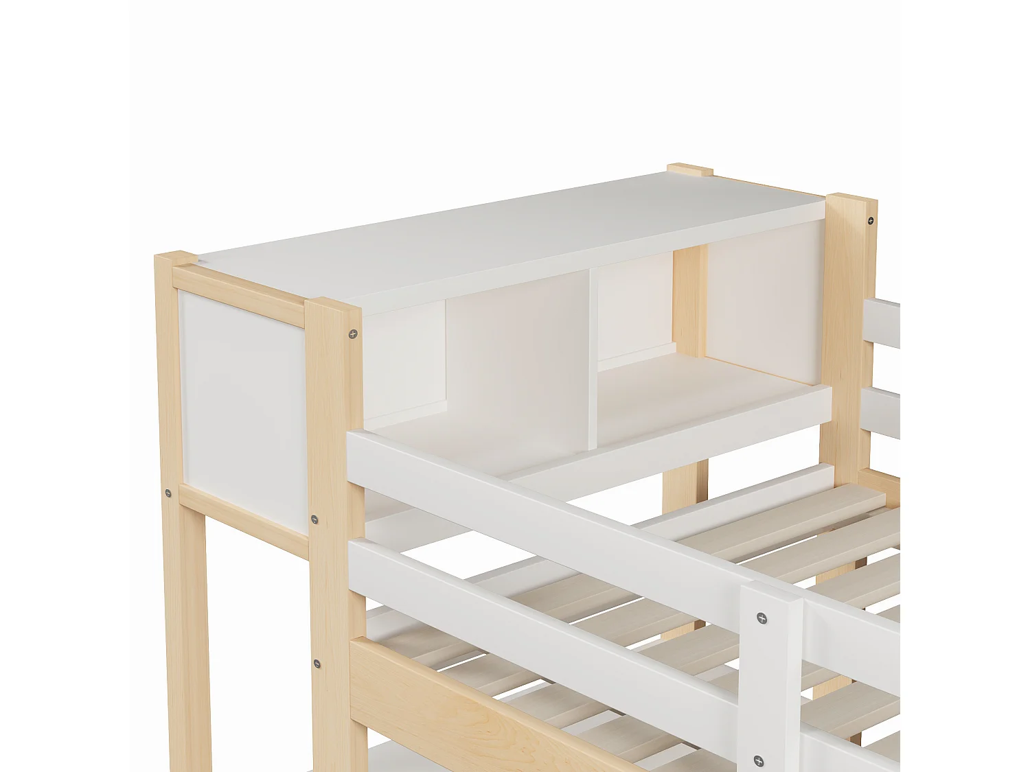 Lit mezzanine enfant 90x200 cm avec bureau, étagères et armoire - Blanc et naturel