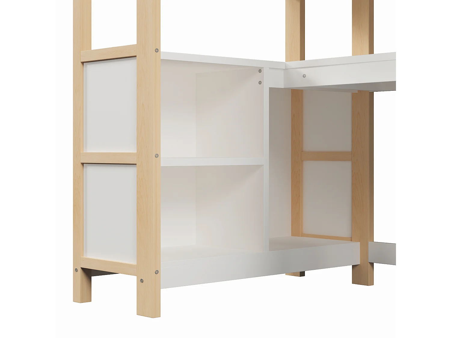 Lit mezzanine enfant 90x200 cm avec bureau, étagères et armoire - Blanc et naturel