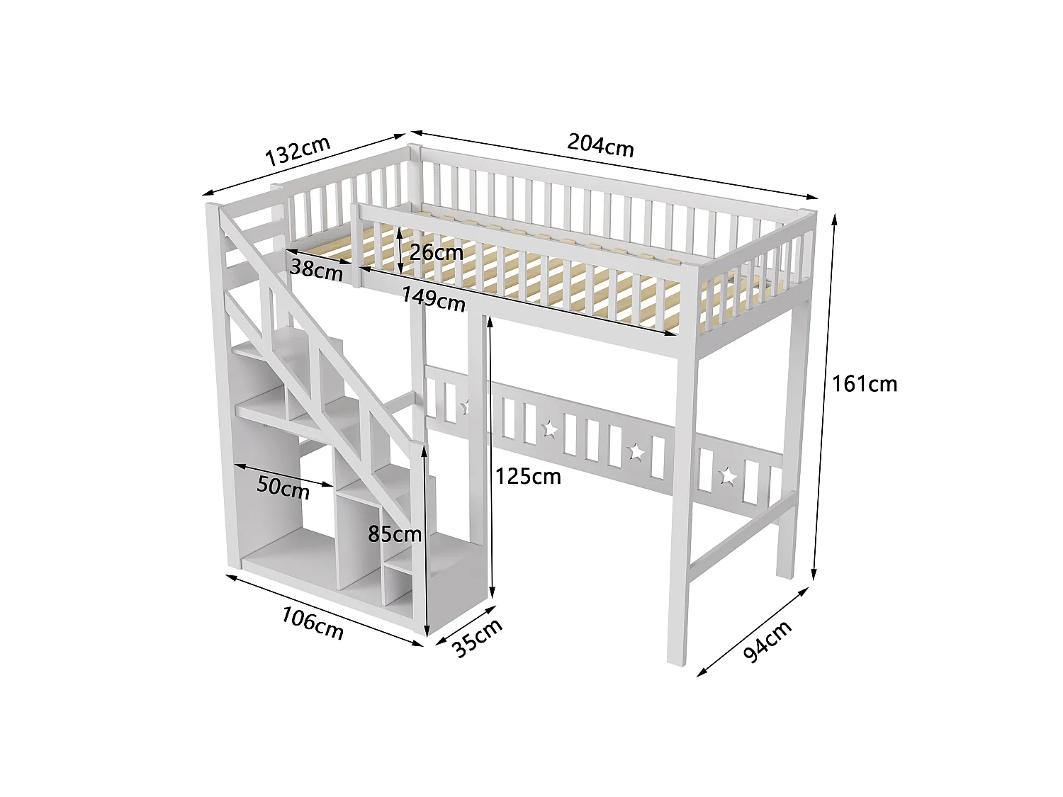 Lit Superposé Enfant 90x200 cm, Lit Mezzanine Multifonctionnel avec Escalier de Rangement et Barrière de Sécurité, Bois Massif Blanc, Blanc