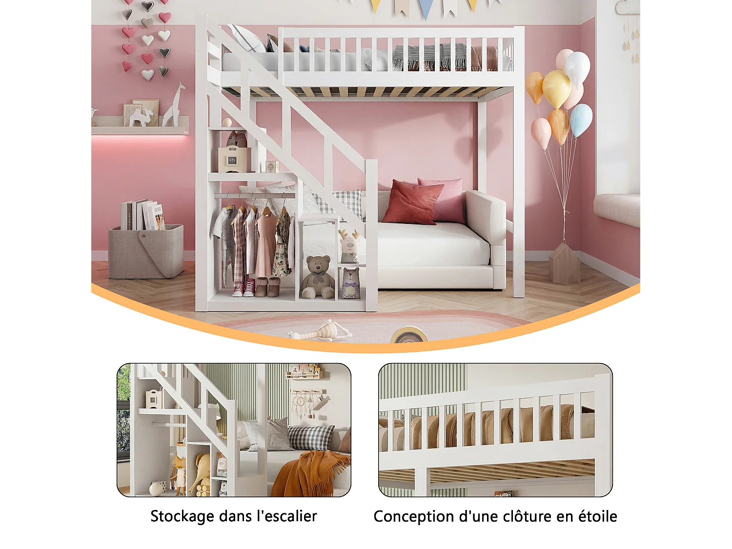 Lit Superposé Enfant 90x200 cm, Lit Mezzanine Multifonctionnel avec Escalier de Rangement et Barrière de Sécurité, Bois Massif Blanc, Blanc