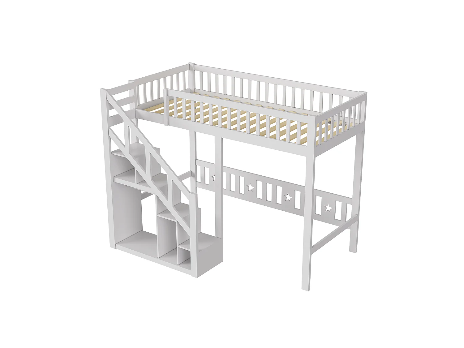 Lit Superposé Enfant 90x200 cm, Lit Mezzanine Multifonctionnel avec Escalier de Rangement et Barrière de Sécurité, Bois Massif Blanc, Blanc