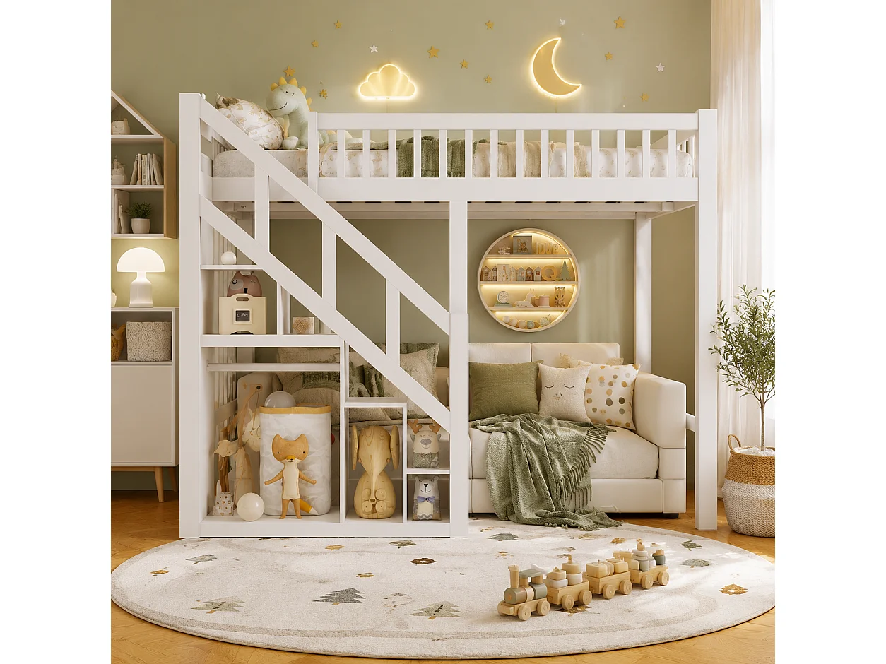 Lit Superposé Enfant 90x200 cm, Lit Mezzanine Multifonctionnel avec Escalier de Rangement et Barrière de Sécurité, Bois Massif Blanc, Blanc