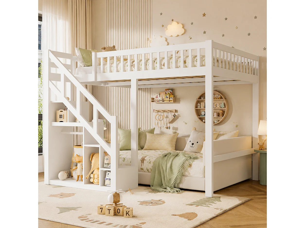 Lit Superposé Enfant 90x200 cm, Lit Mezzanine Multifonctionnel avec Escalier de Rangement et Barrière de Sécurité, Bois Massif Blanc, Blanc