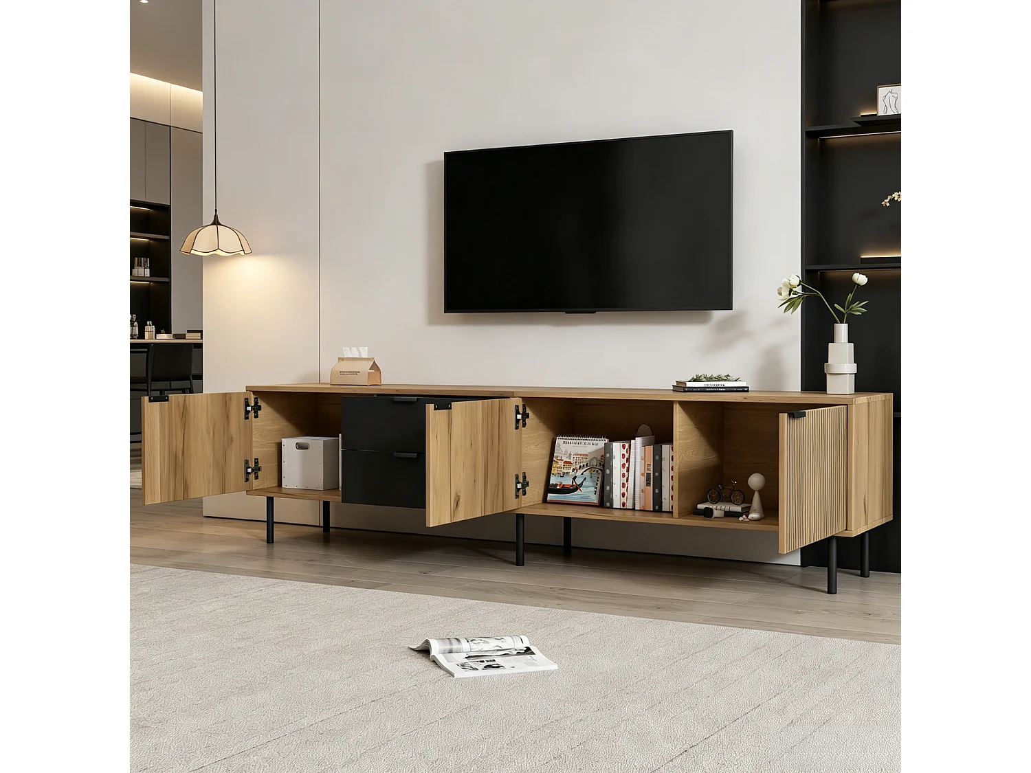 TV-möbel 208 cm med 2 lådor och 3 dörrar - Trä och svart finish