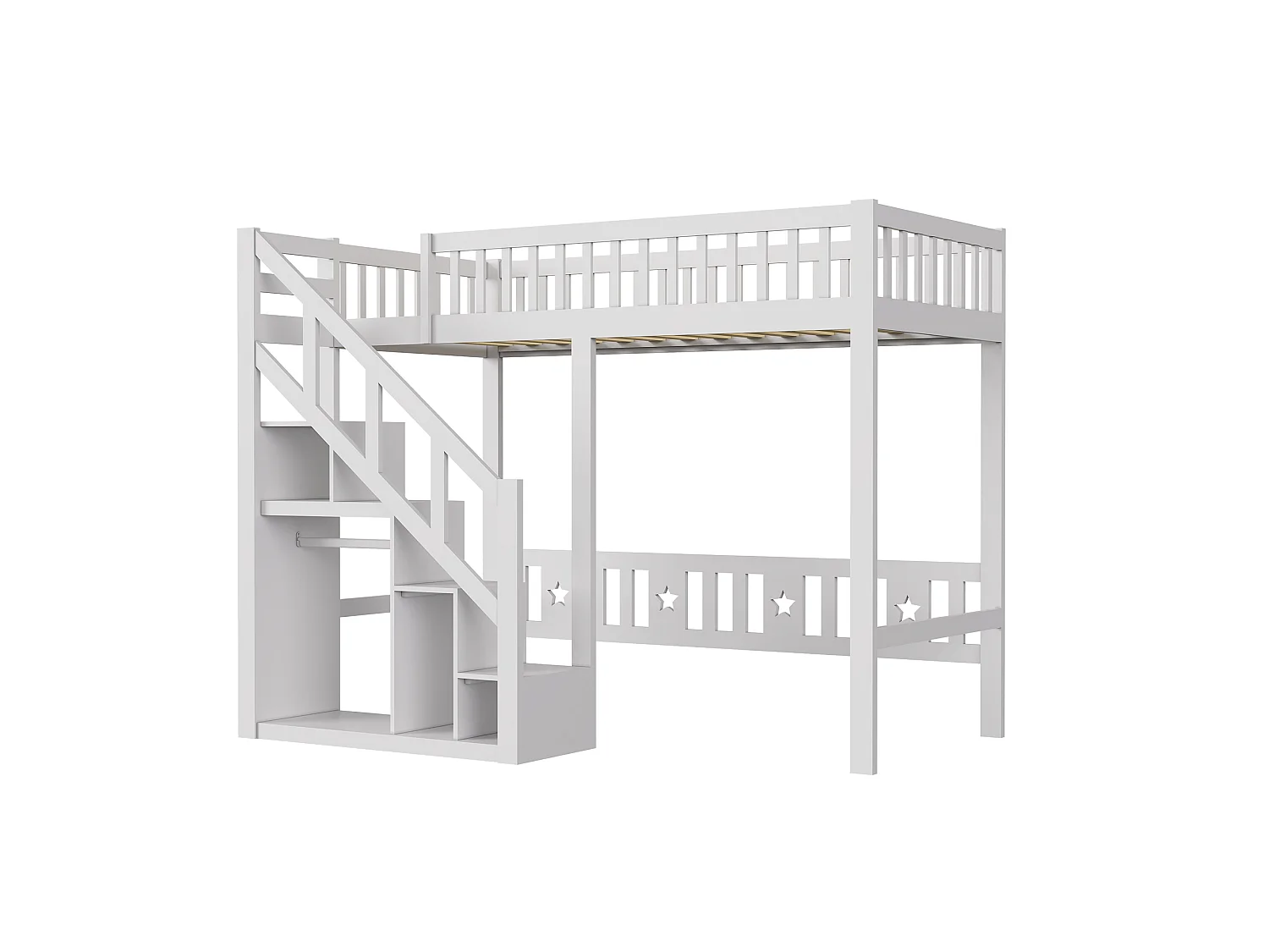 Lit Superposé Enfant 140x200 cm, Lit Mezzanine Multifonctionnel avec Escalier de Rangement et Barrière de Sécurité, Bois Massif Blanc, Blanc