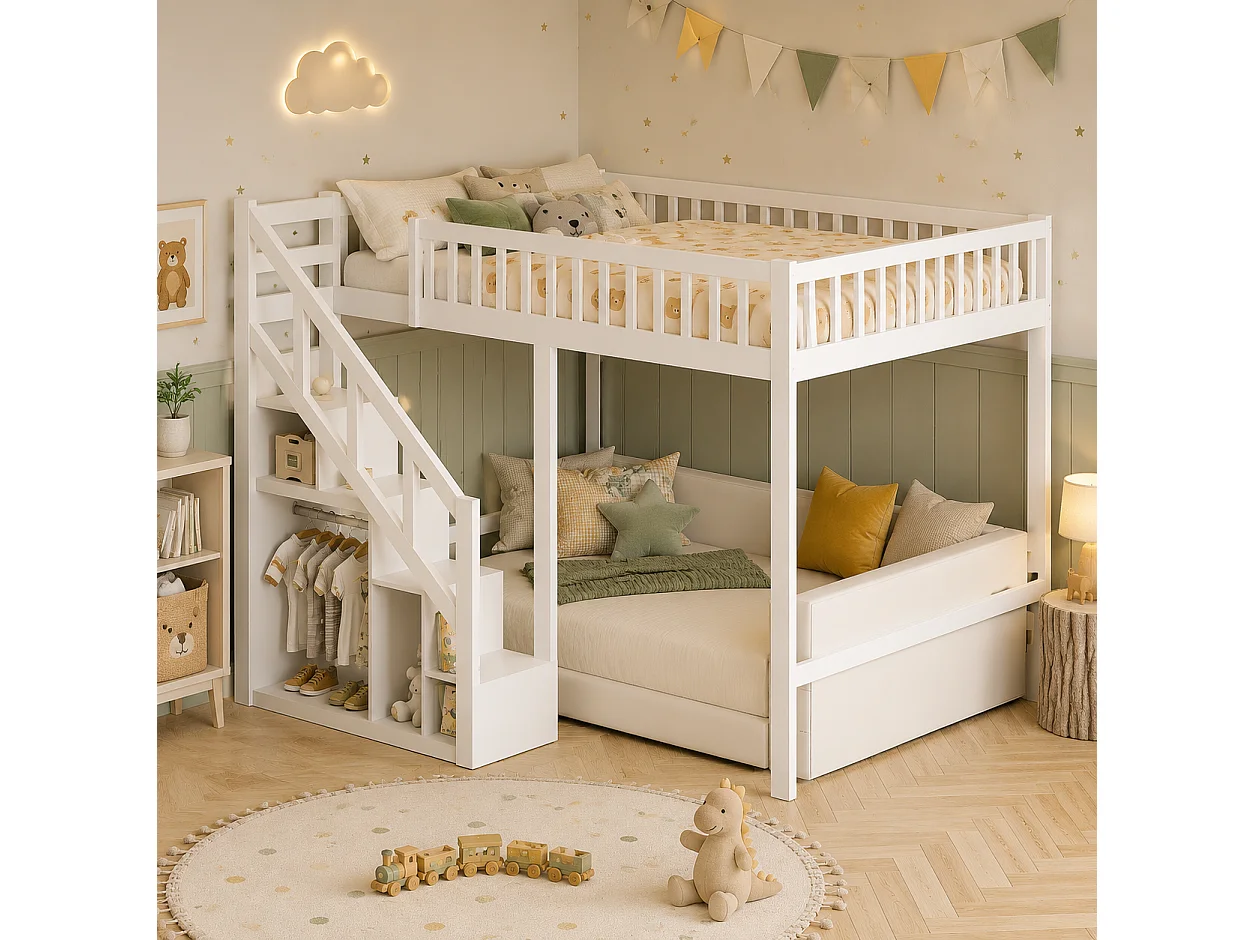 Lit Superposé Enfant 140x200 cm, Lit Mezzanine Multifonctionnel avec Escalier de Rangement et Barrière de Sécurité, Bois Massif Blanc, Blanc
