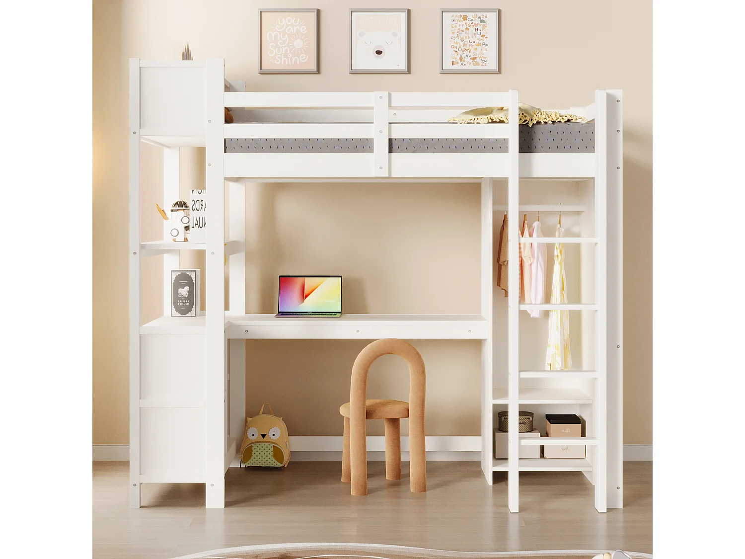 Lit mezzanine enfant 90x200 cm avec bureau, étagères et armoire - Blanc