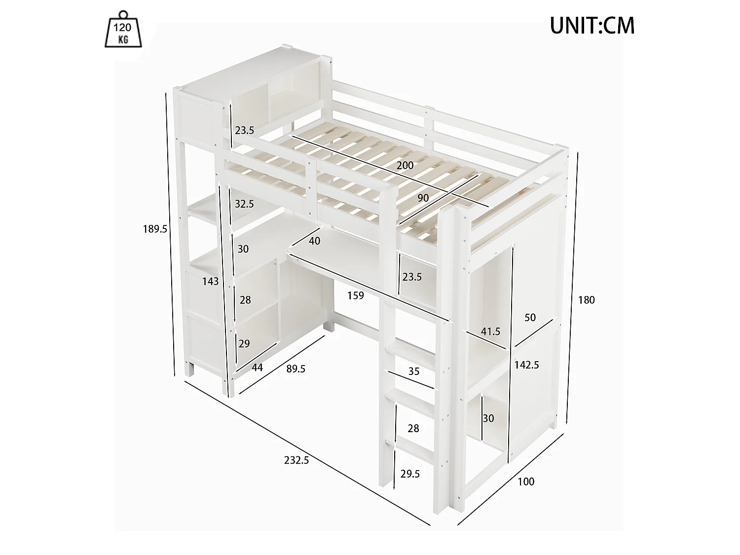 Lit mezzanine enfant 90x200 cm avec bureau, étagères et armoire - Blanc
