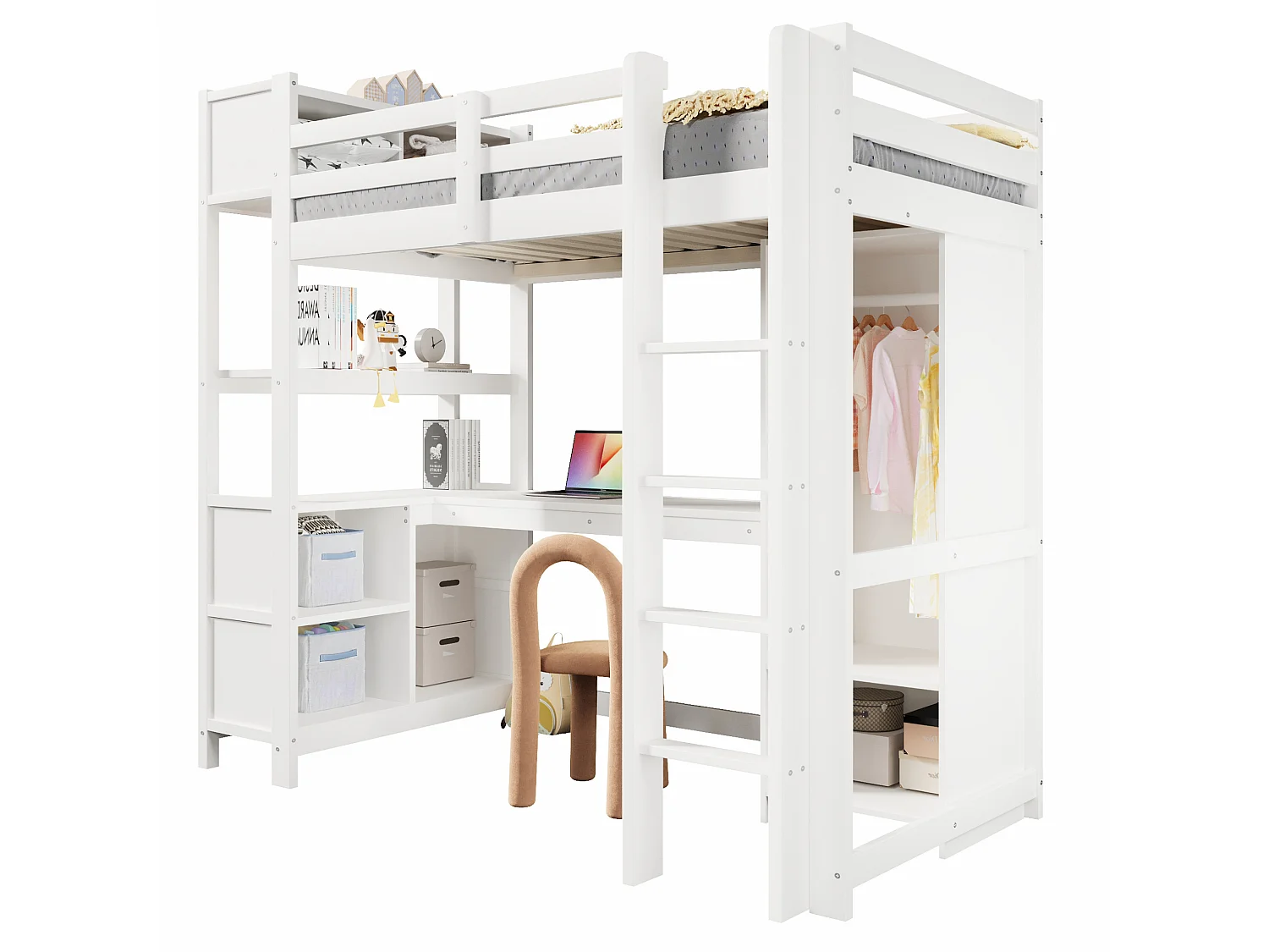 Lit mezzanine enfant 90x200 cm avec bureau, étagères et armoire - Blanc