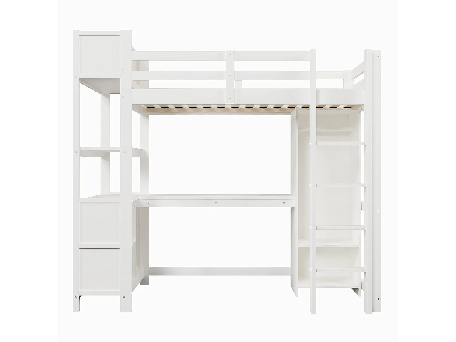 Lit mezzanine enfant 90x200 cm avec bureau, étagères et armoire - Blanc