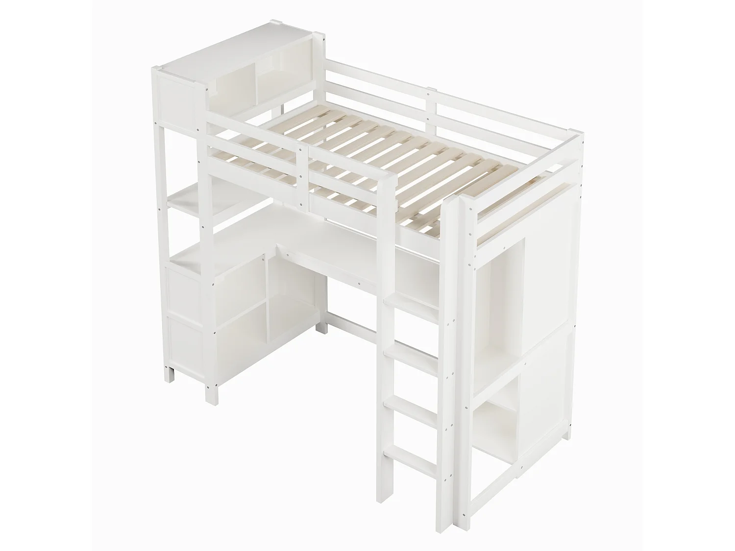 Lit mezzanine enfant 90x200 cm avec bureau, étagères et armoire - Blanc
