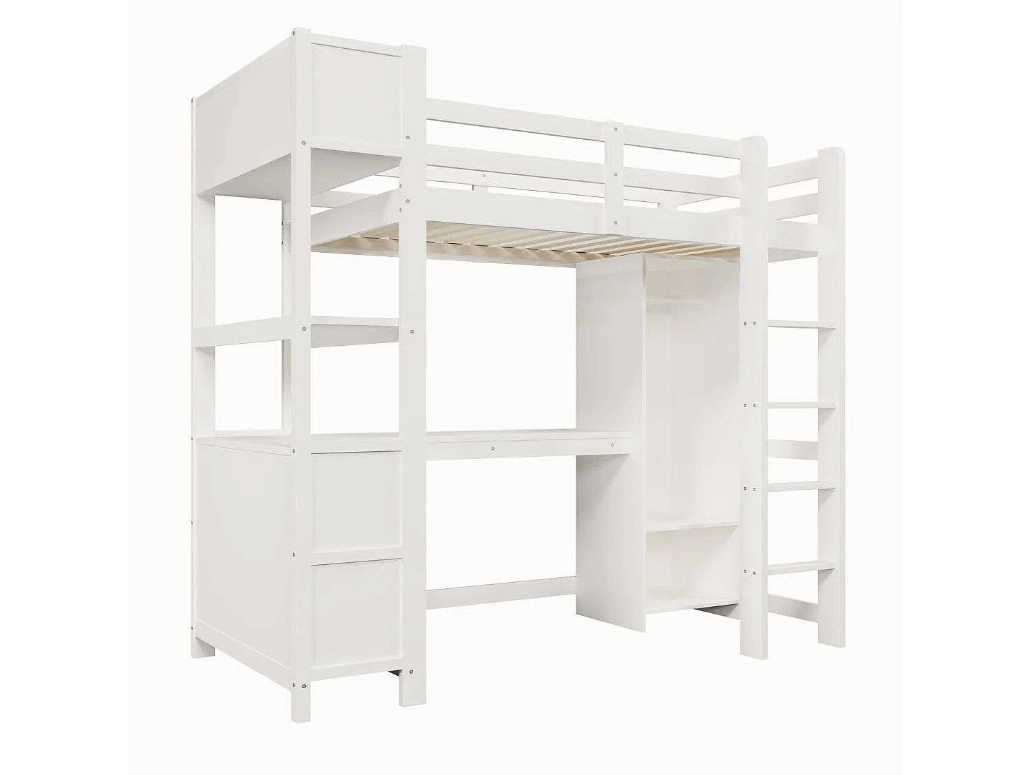 Lit mezzanine enfant 90x200 cm avec bureau, étagères et armoire - Blanc