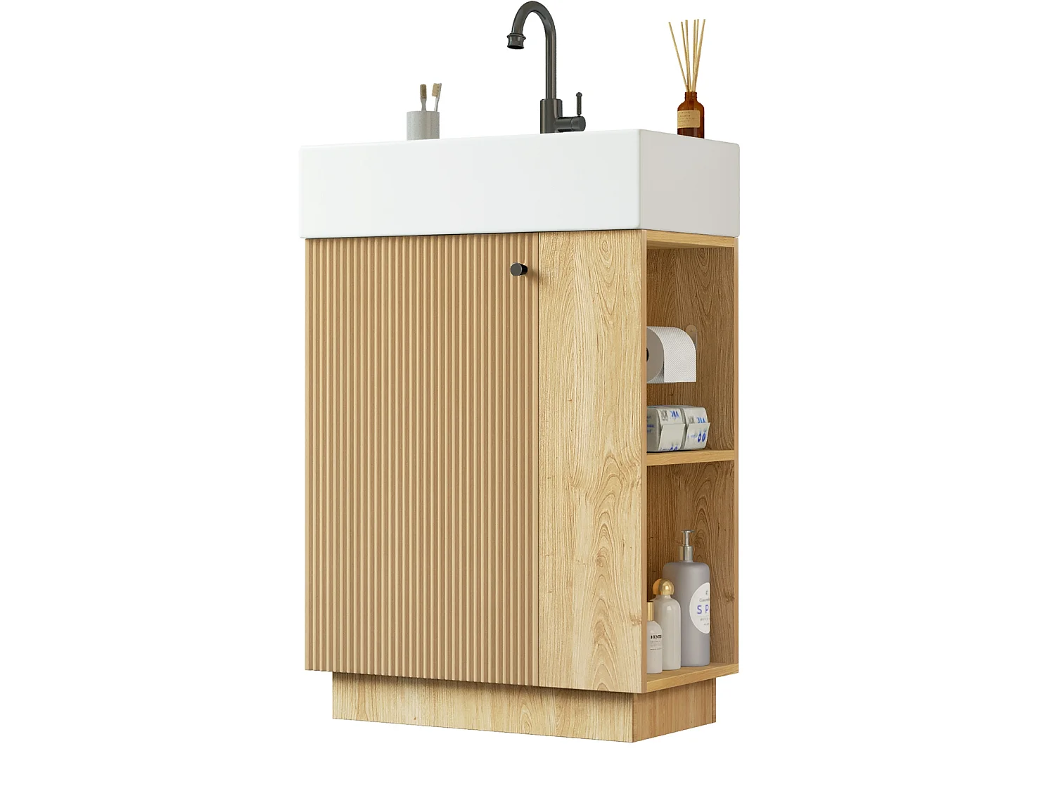 55 cm fristående kommod med keramikhandfat och förvaring - Räfflad finish - Träfinish