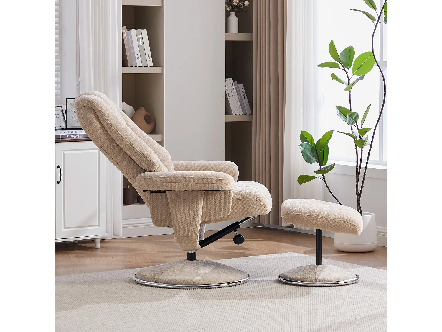 Fauteuil relax pivotant en chenille taupe - Fauteuil Inclinable avec repose-pieds et dossier réglable