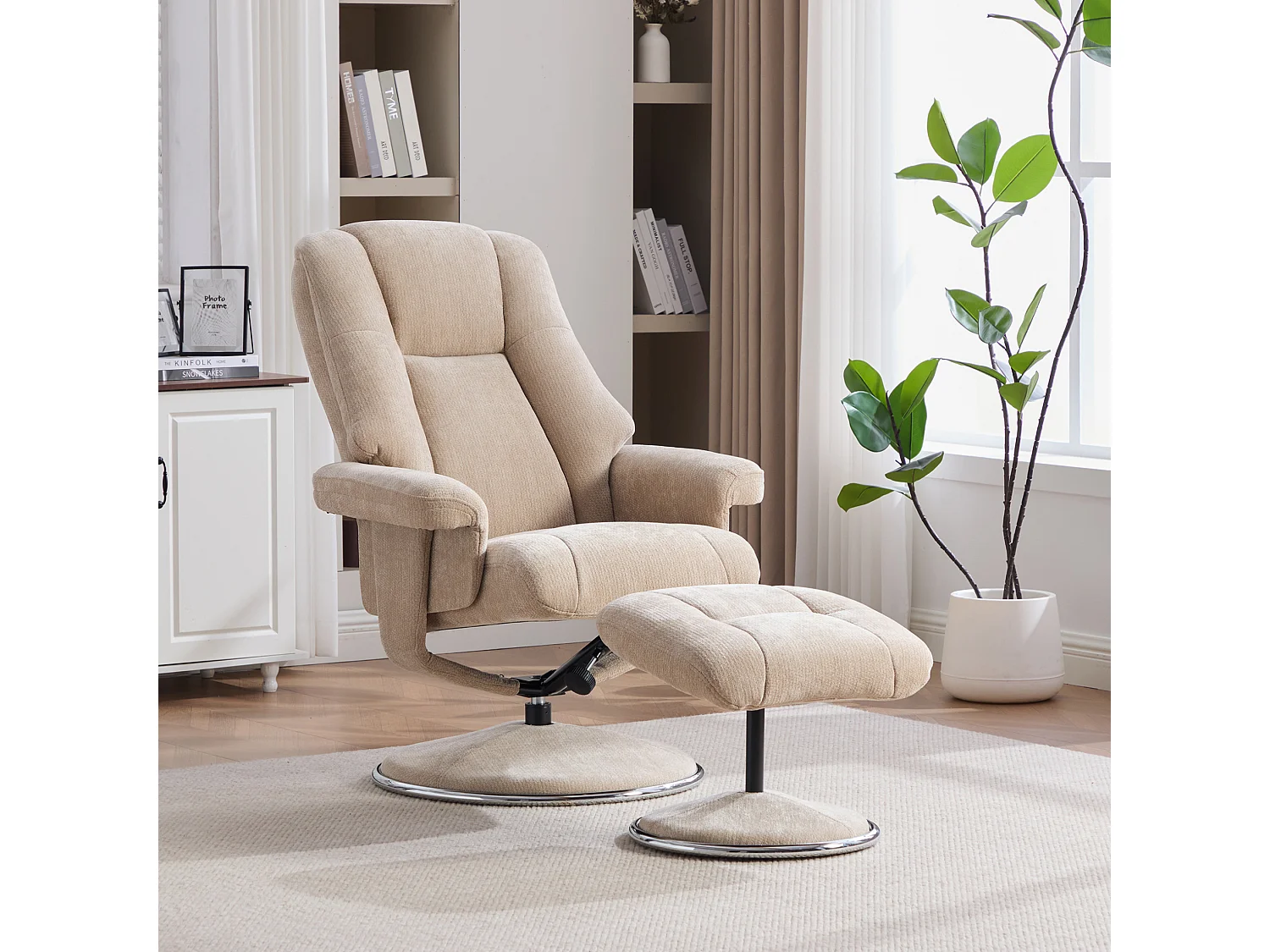 Fauteuil relax pivotant en chenille taupe - Fauteuil Inclinable avec repose-pieds et dossier réglable