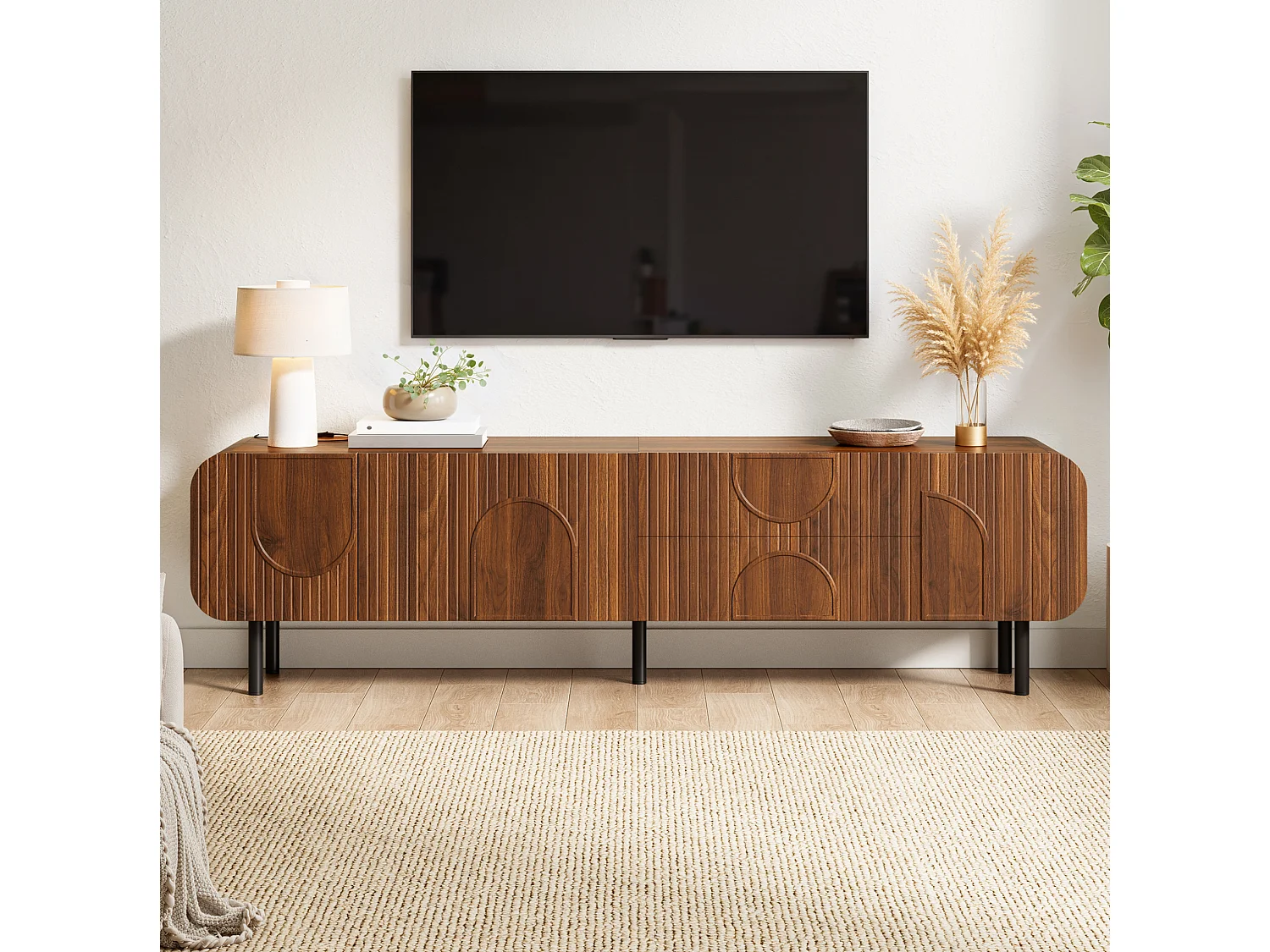 Meuble TV 180 cm avec 3 portes et 2 tiroirs - Pieds en métal - Marron