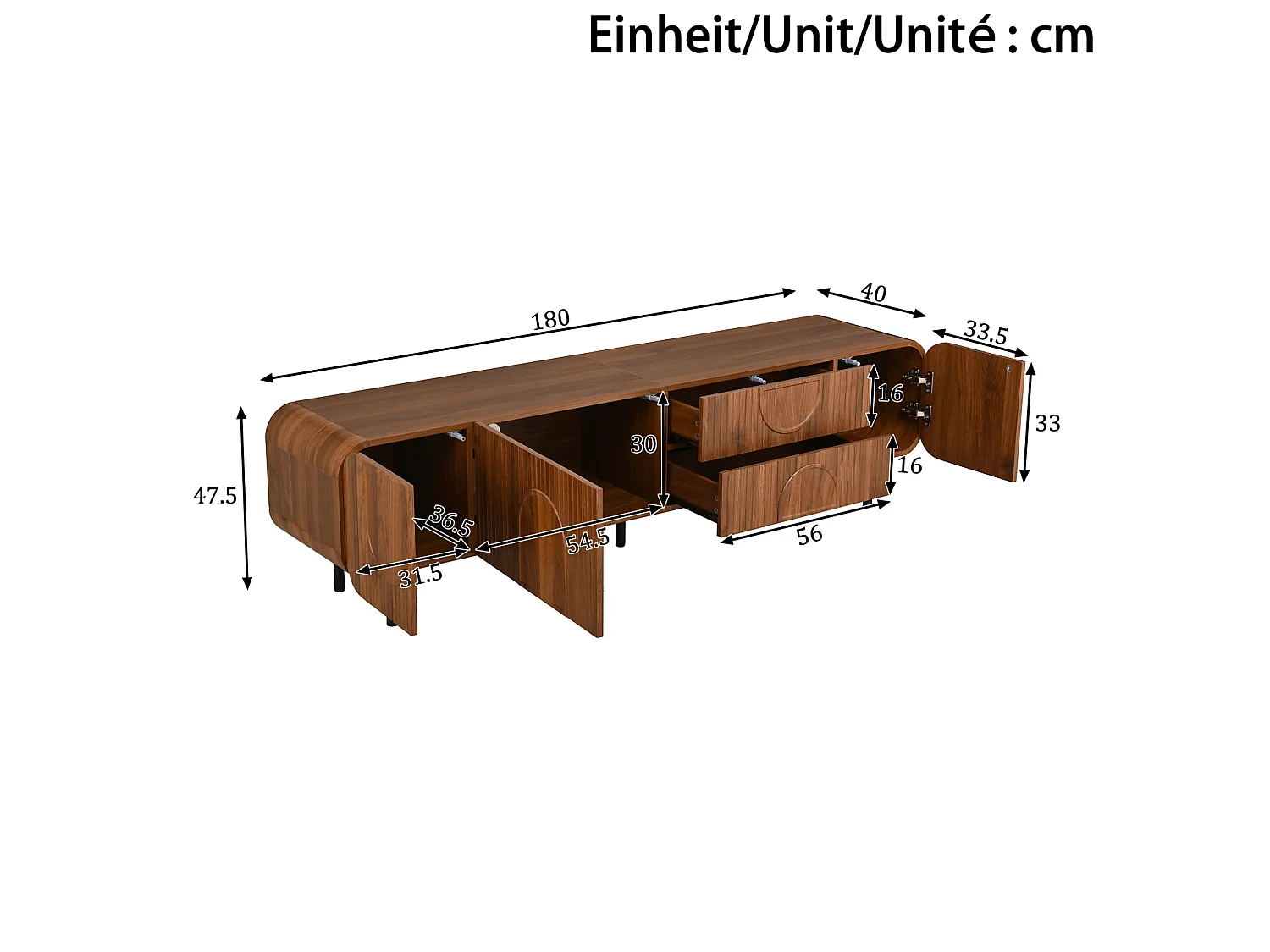 Meuble TV 180 cm avec 3 portes et 2 tiroirs - Pieds en métal - Marron