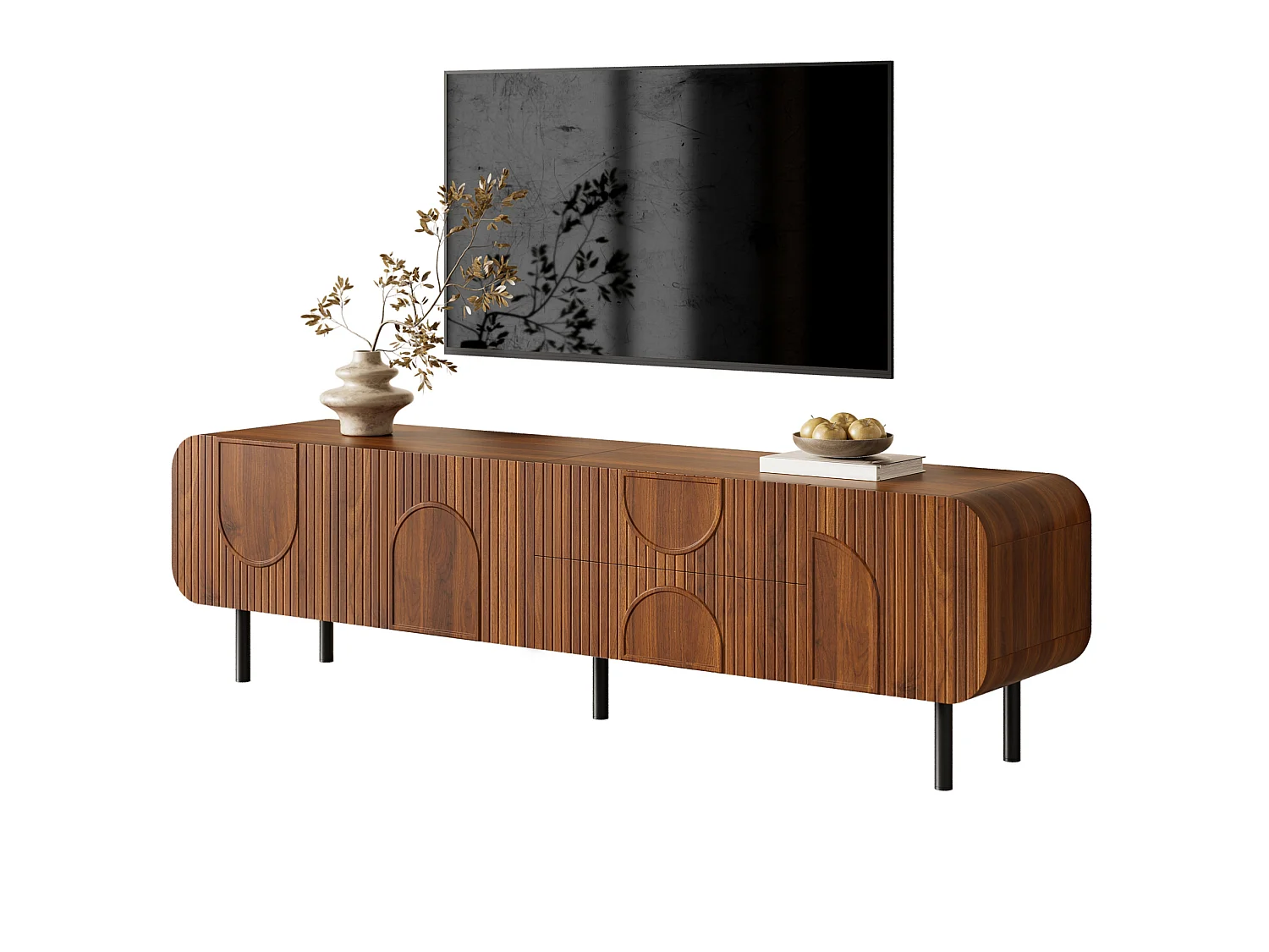 Meuble TV 180 cm avec 3 portes et 2 tiroirs - Pieds en métal - Marron