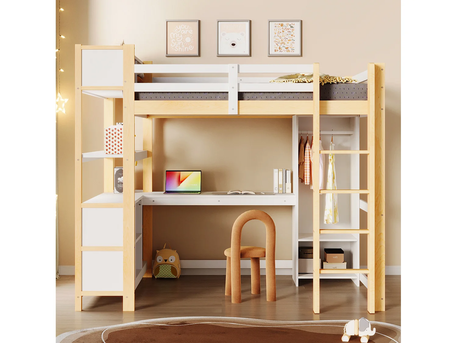 Lit mezzanine 140x200 cm avec bureau, étagères et armoire - Blanc et naturel