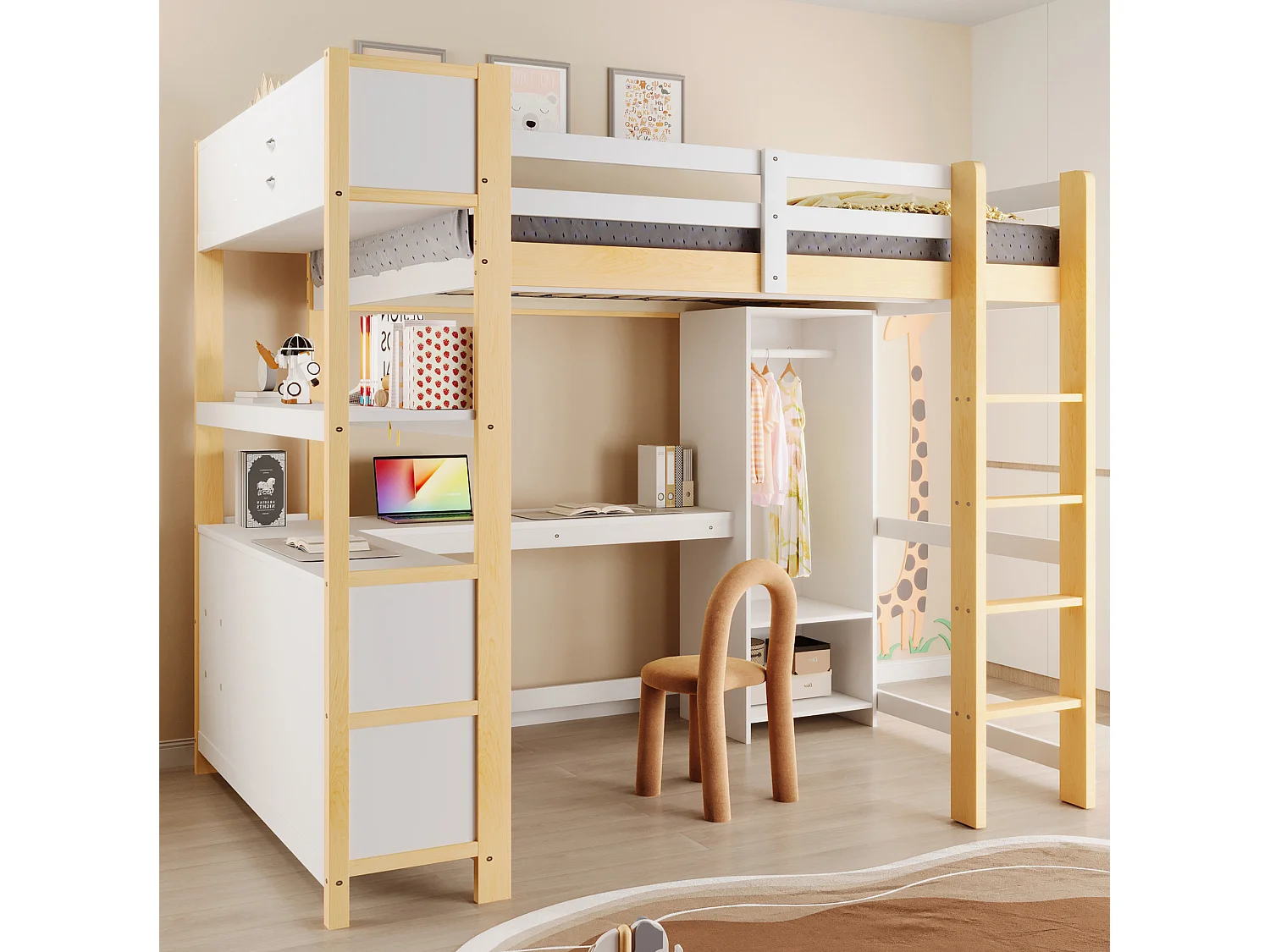 Lit mezzanine 140x200 cm avec bureau, étagères et armoire - Blanc et naturel