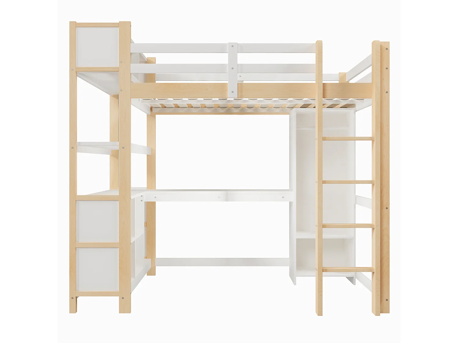 Lit mezzanine 140x200 cm avec bureau, étagères et armoire - Blanc et naturel