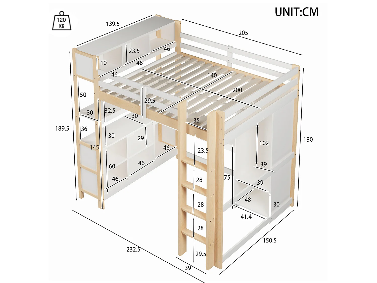Lit mezzanine 140x200 cm avec bureau, étagères et armoire - Blanc et naturel