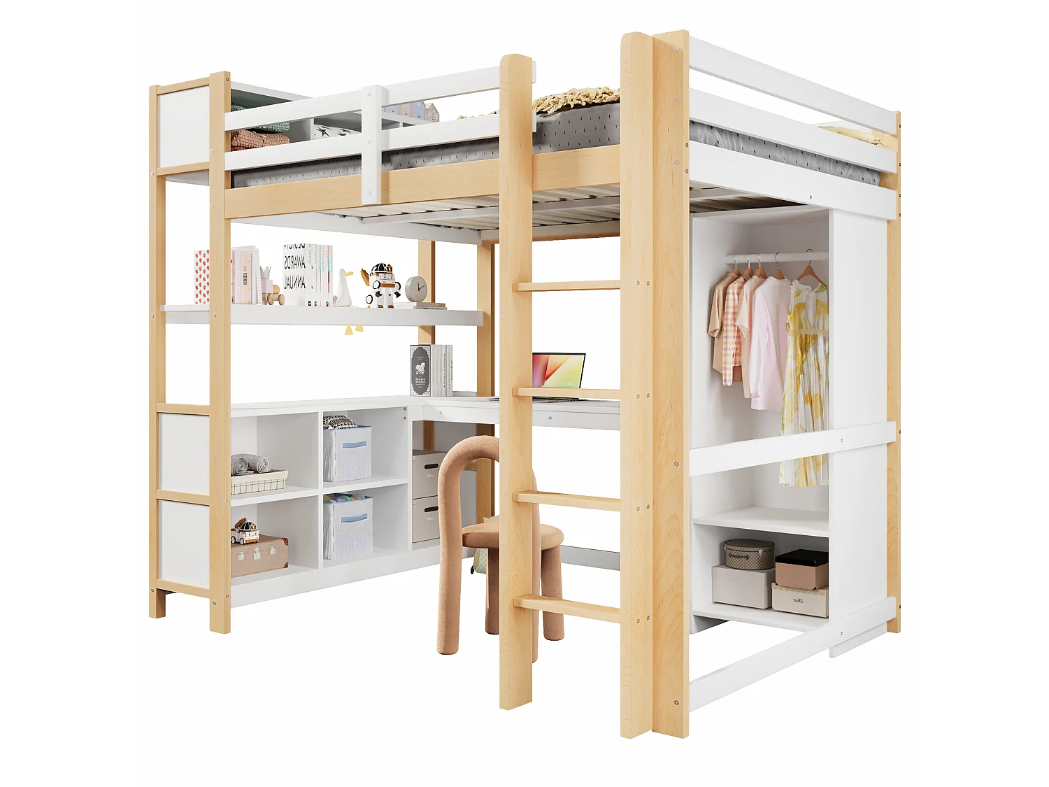 Lit mezzanine 140x200 cm avec bureau, étagères et armoire - Blanc et naturel