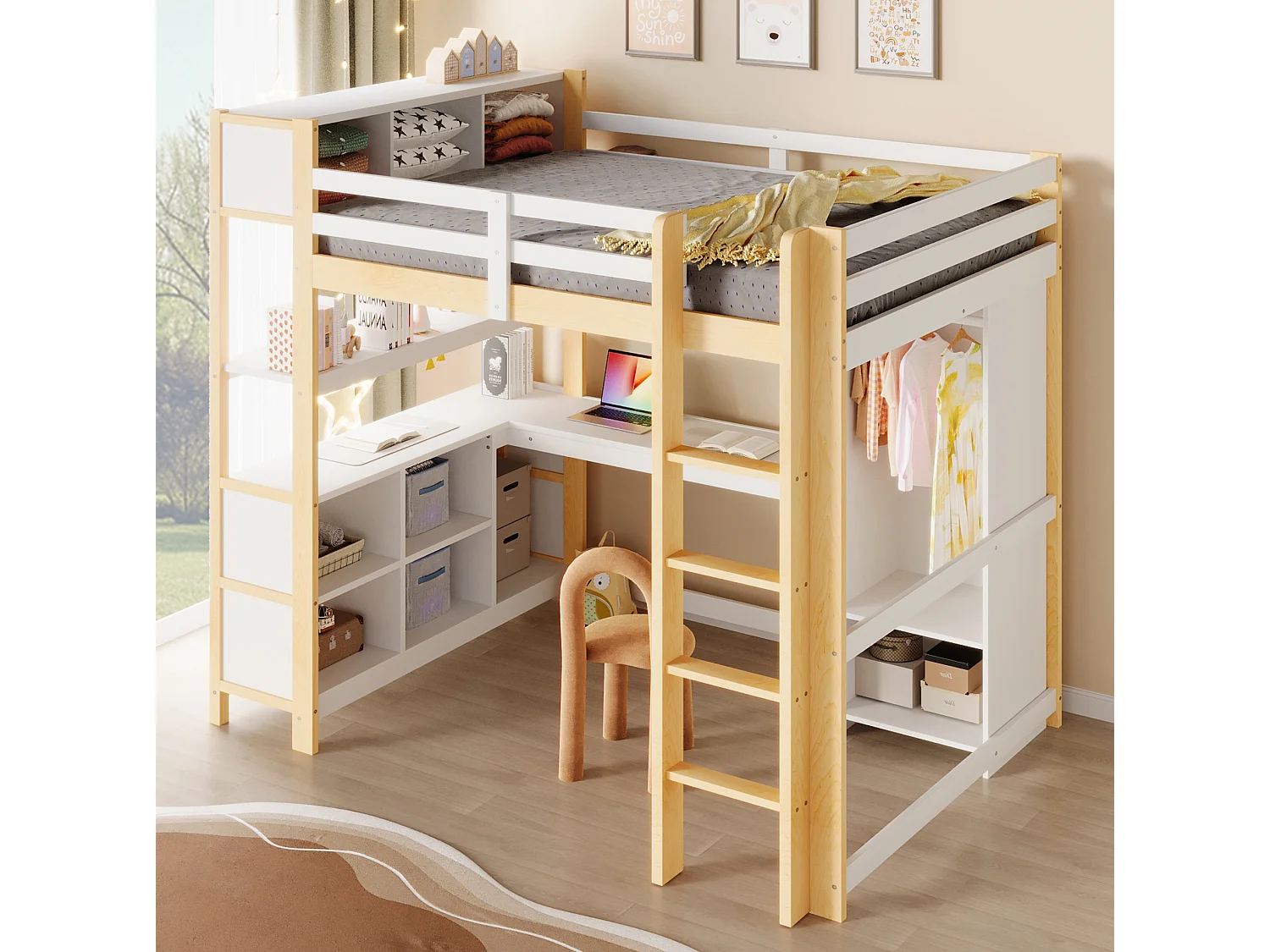 Lit mezzanine 140x200 cm avec bureau, étagères et armoire - Blanc et naturel