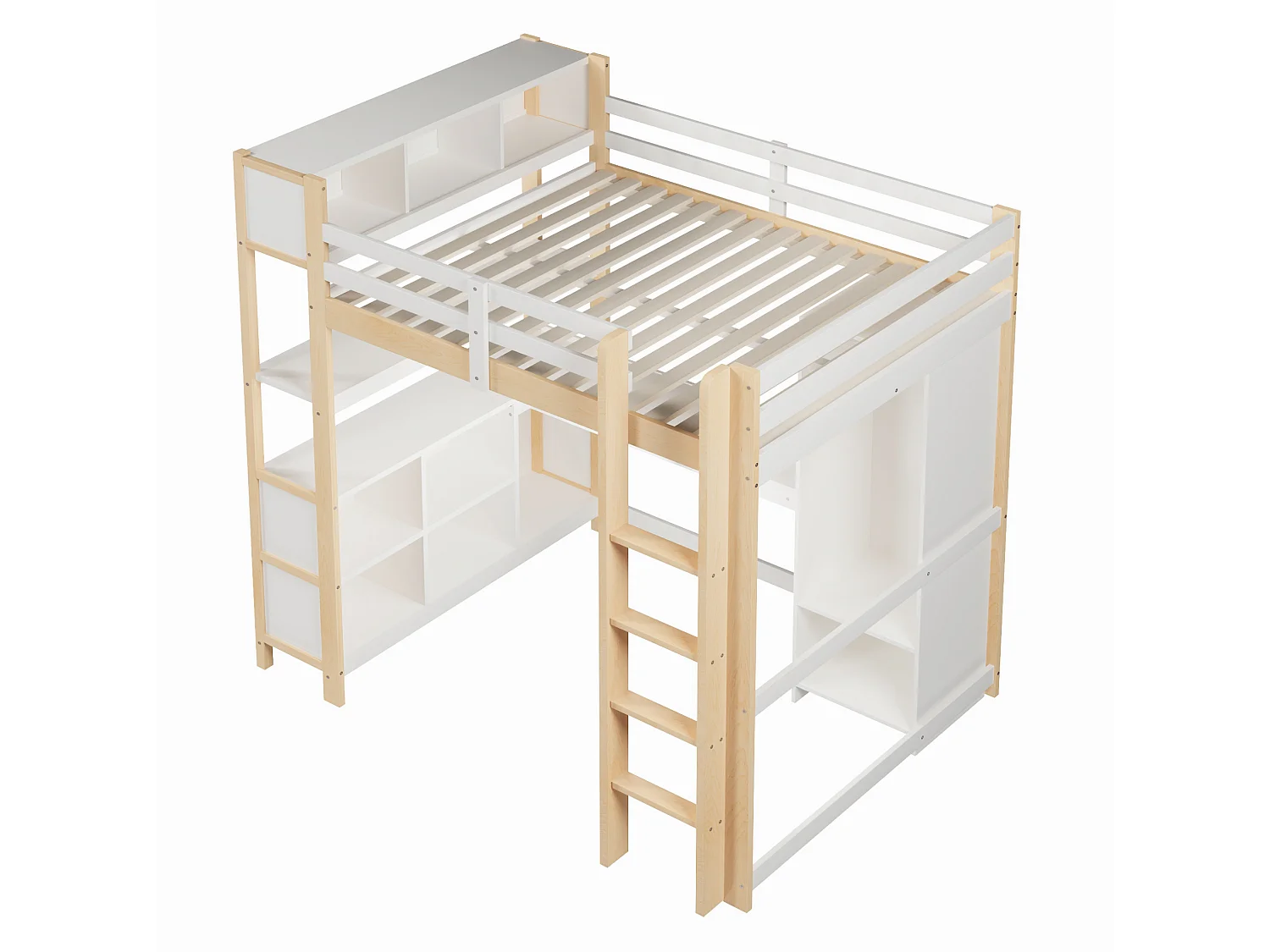 Lit mezzanine 140x200 cm avec bureau, étagères et armoire - Blanc et naturel