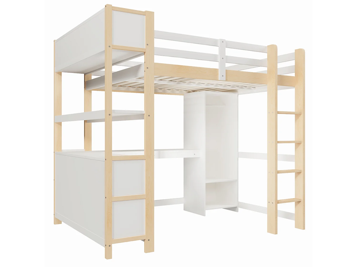 Lit mezzanine 140x200 cm avec bureau, étagères et armoire - Blanc et naturel