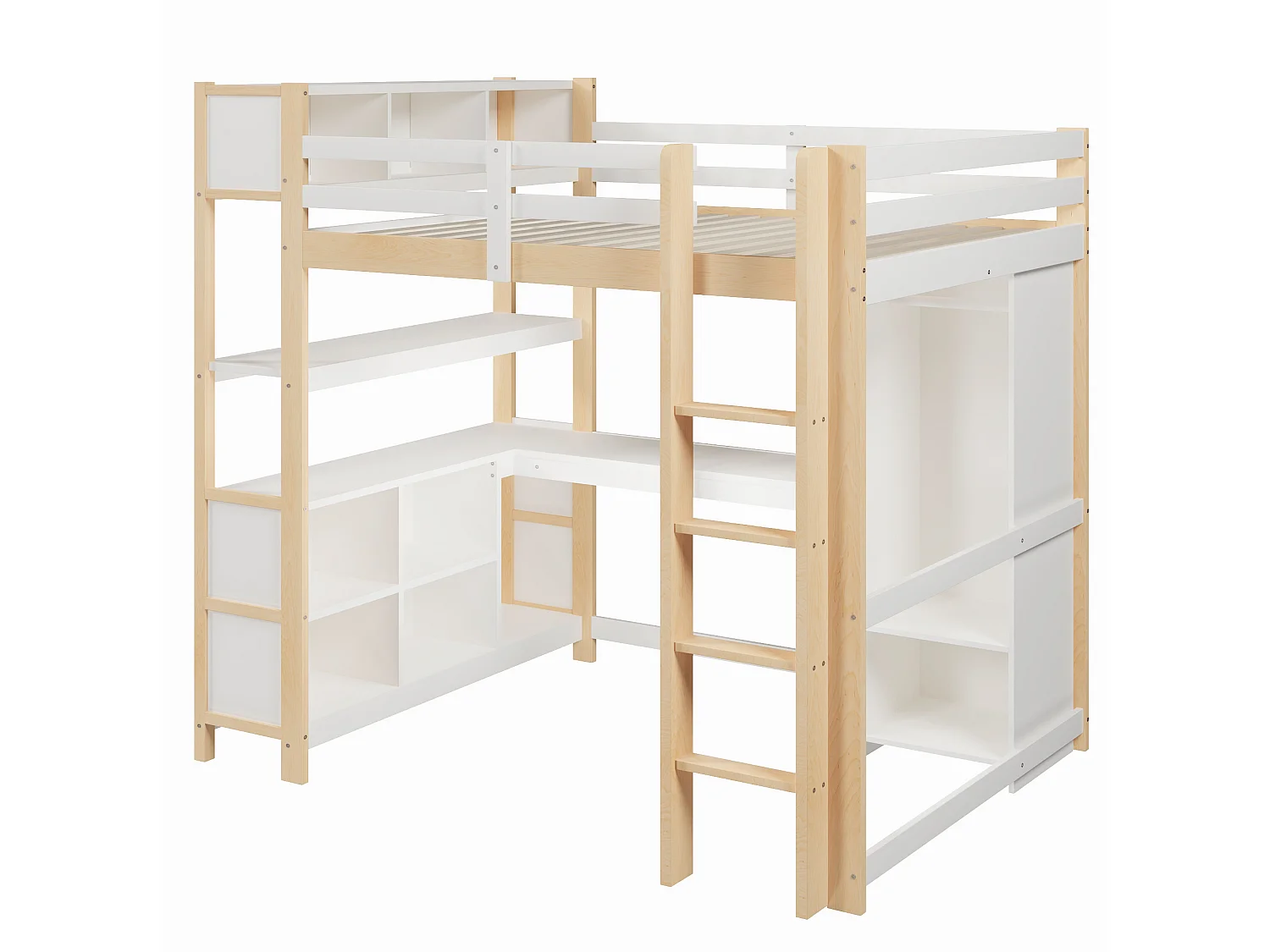 Lit mezzanine 140x200 cm avec bureau, étagères et armoire - Blanc et naturel