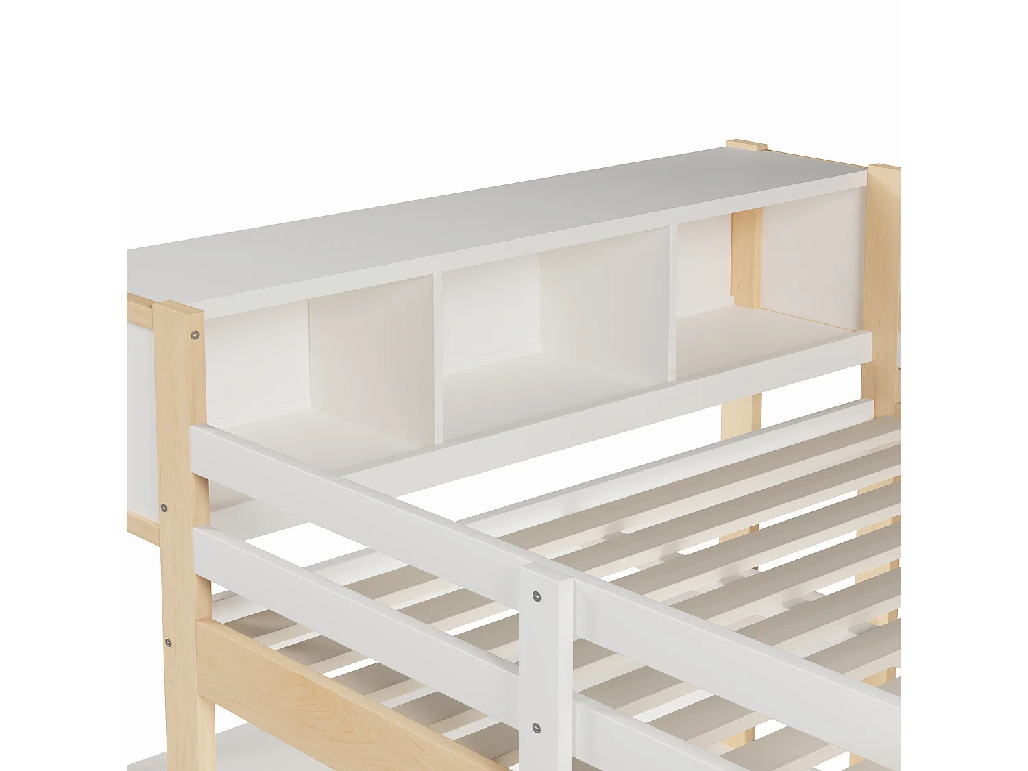 Lit mezzanine 140x200 cm avec bureau, étagères et armoire - Blanc et naturel