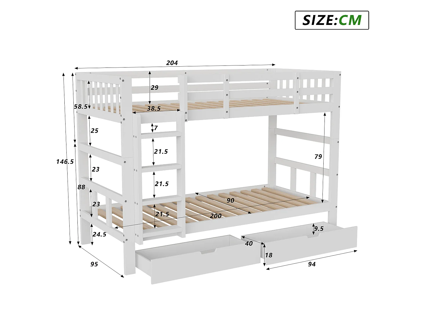 Lit superposé Enfant 90x200 cm, lit Double Amovible avec escalier et tiroirs de Rangement, lit Mezzanine avec sommier à Lattes, Bois Massif, Blanc